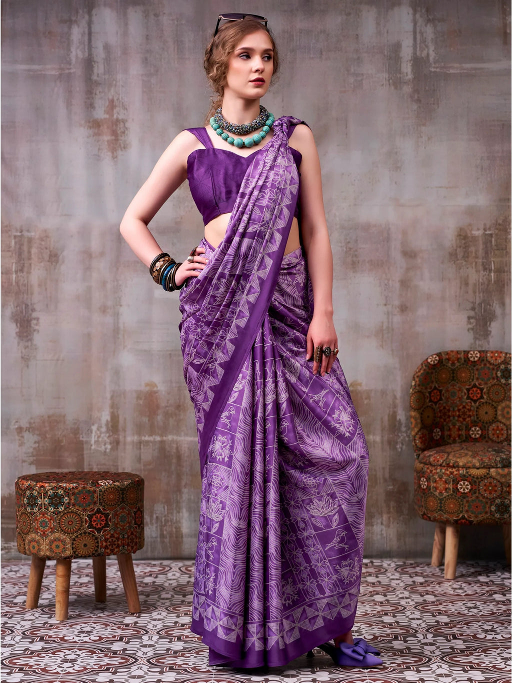 Lavender Rich Printed Satin Festive Wear Saree With Blouse