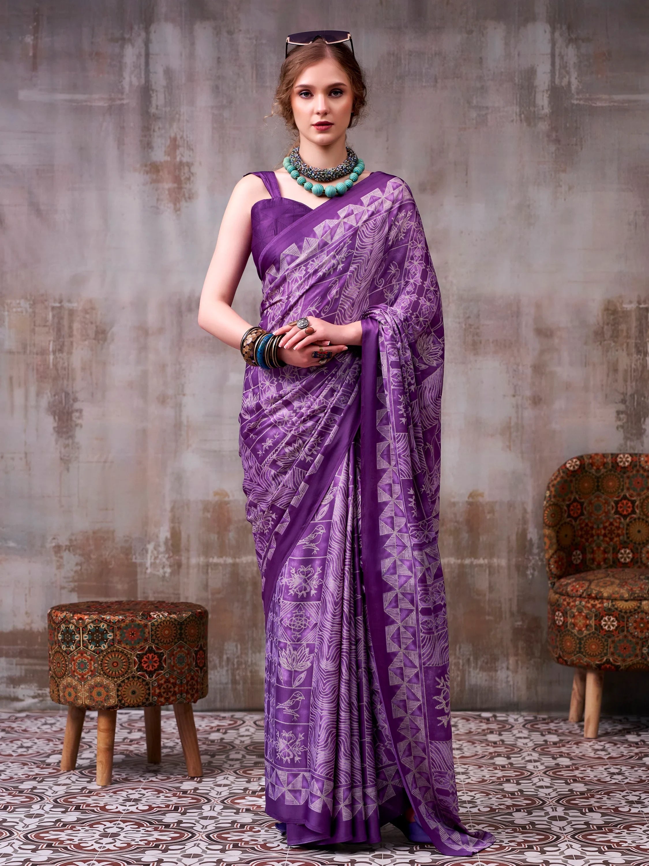 Lavender Rich Printed Satin Festive Wear Saree With Blouse