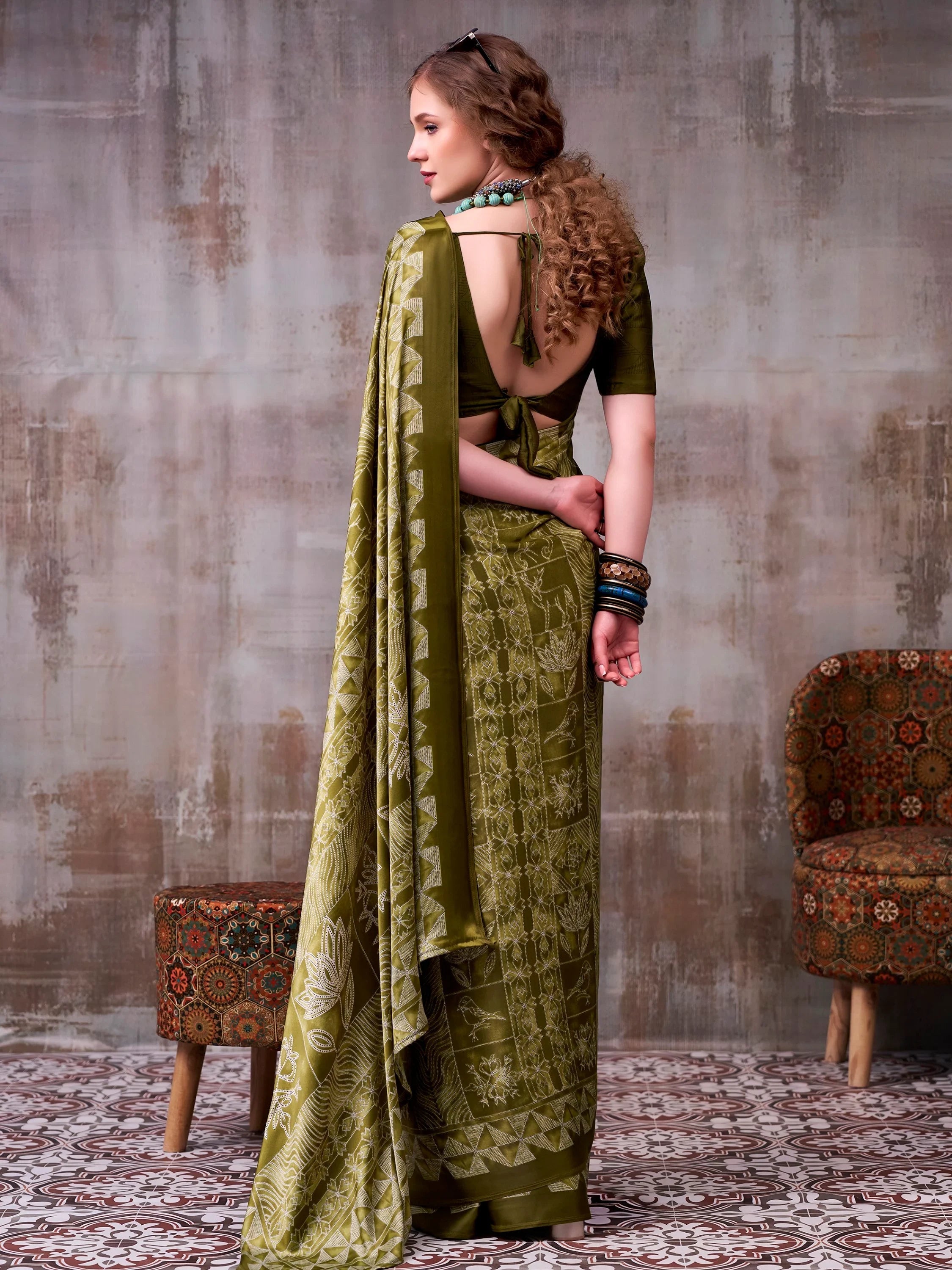 Olive Rich Printed Satin Festive Wear Saree With Blouse