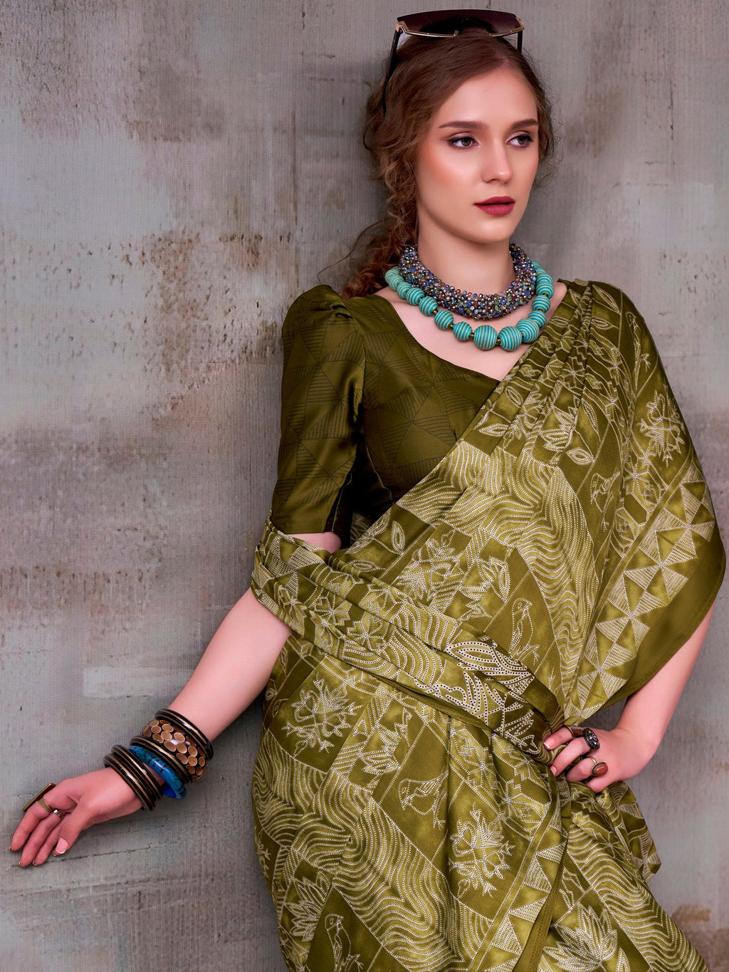 Olive Rich Printed Satin Festive Wear Saree With Blouse