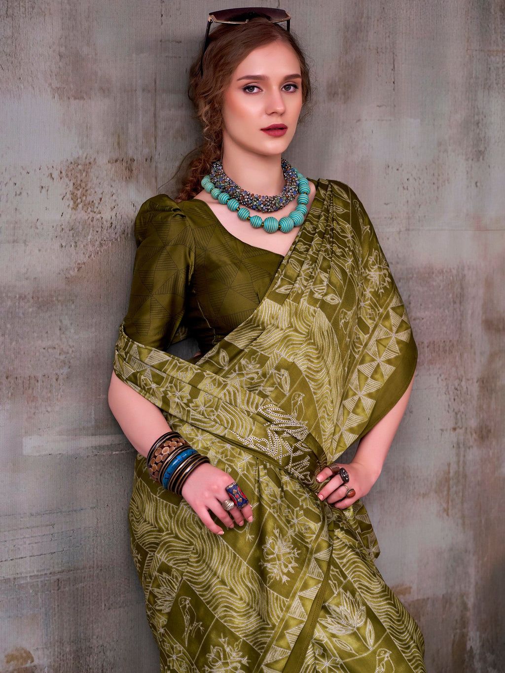 Olive Rich Printed Satin Festive Wear Saree With Blouse