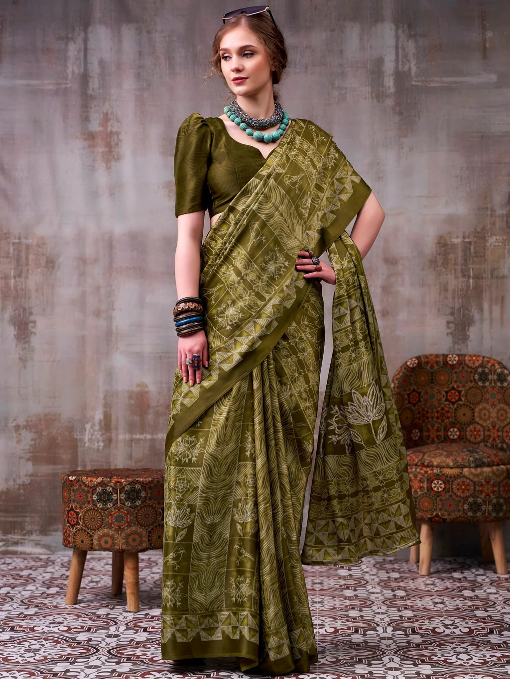 Olive Rich Printed Satin Festive Wear Saree With Blouse