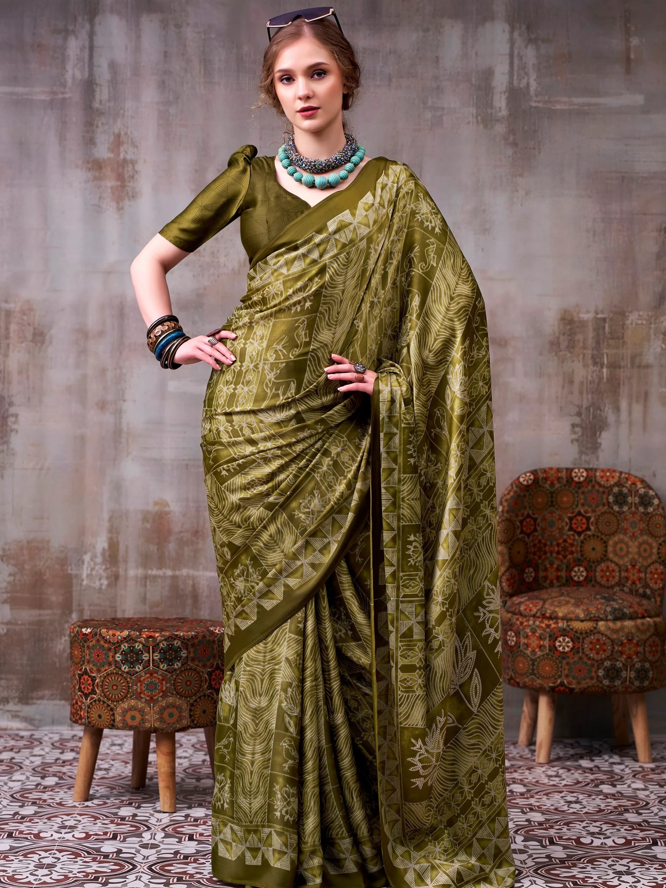Olive Rich Printed Satin Festive Wear Saree With Blouse