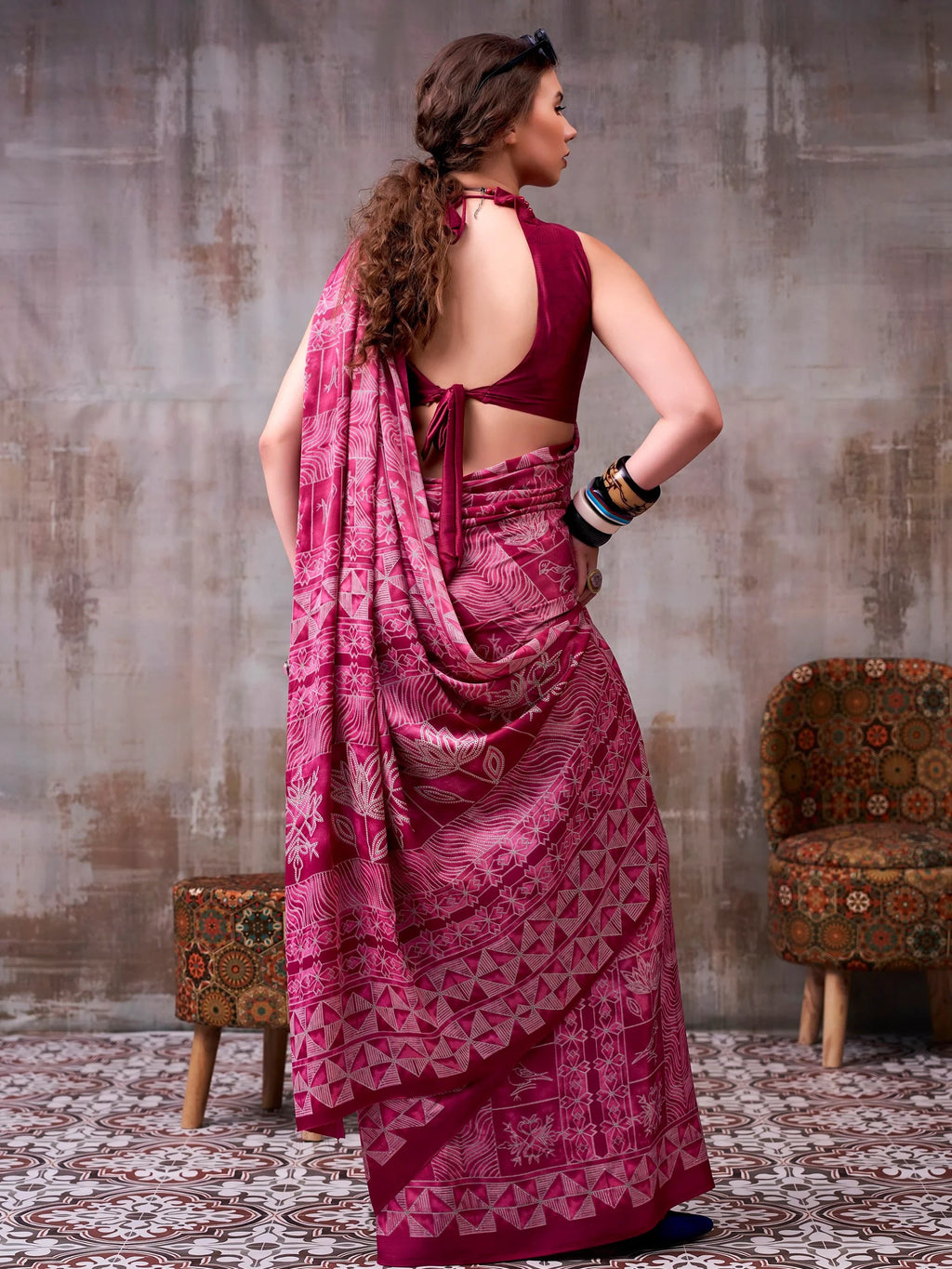 Magenta Rich Printed Satin Festive Wear Saree With Blouse