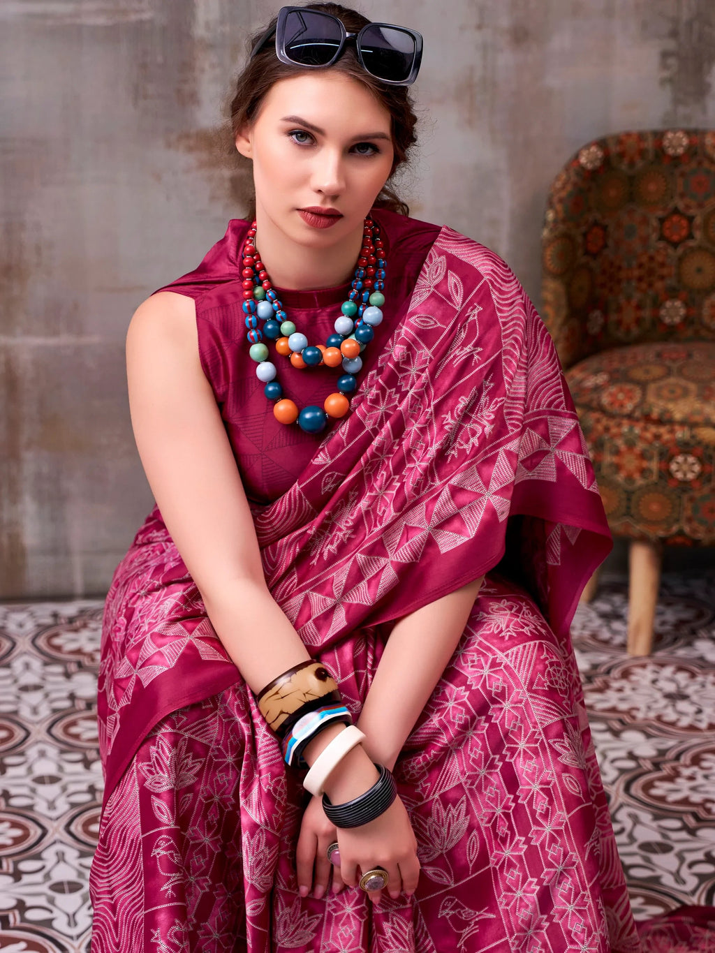 Magenta Rich Printed Satin Festive Wear Saree With Blouse