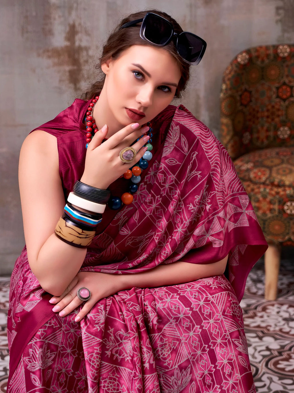 Magenta Rich Printed Satin Festive Wear Saree With Blouse