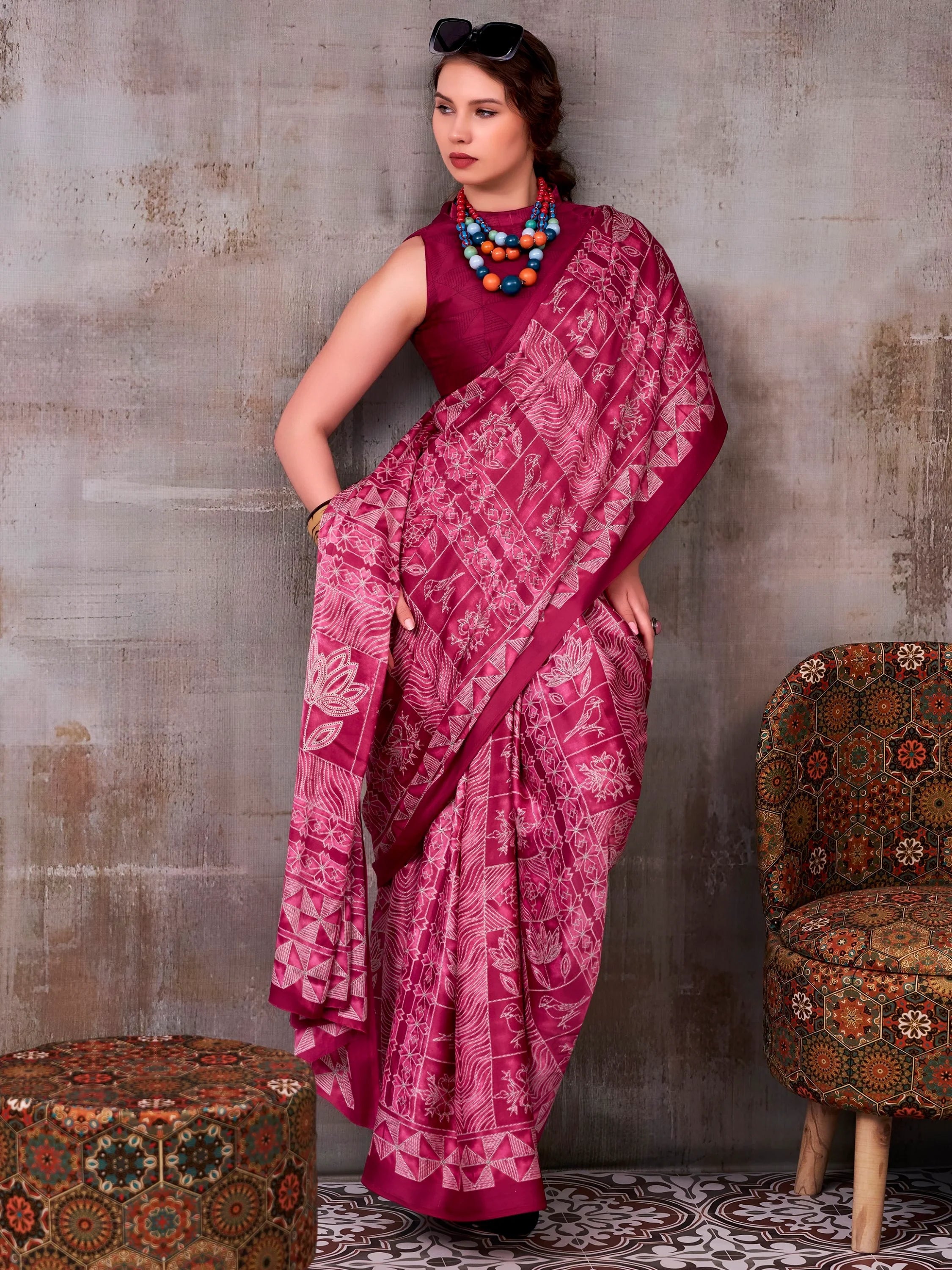 Magenta Rich Printed Satin Festive Wear Saree With Blouse
