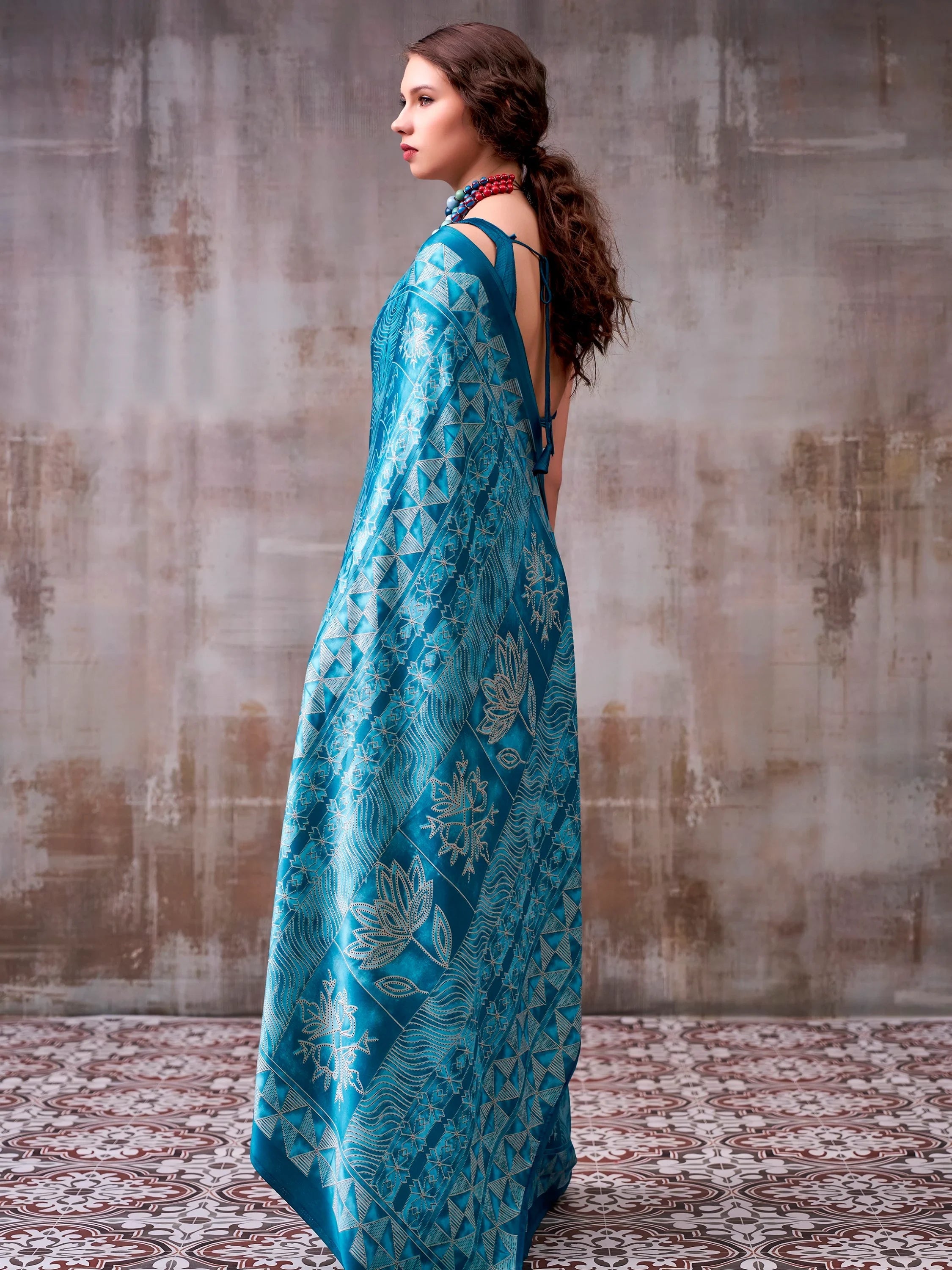 Teal Rich Printed Satin Festive Wear Saree With Blouse