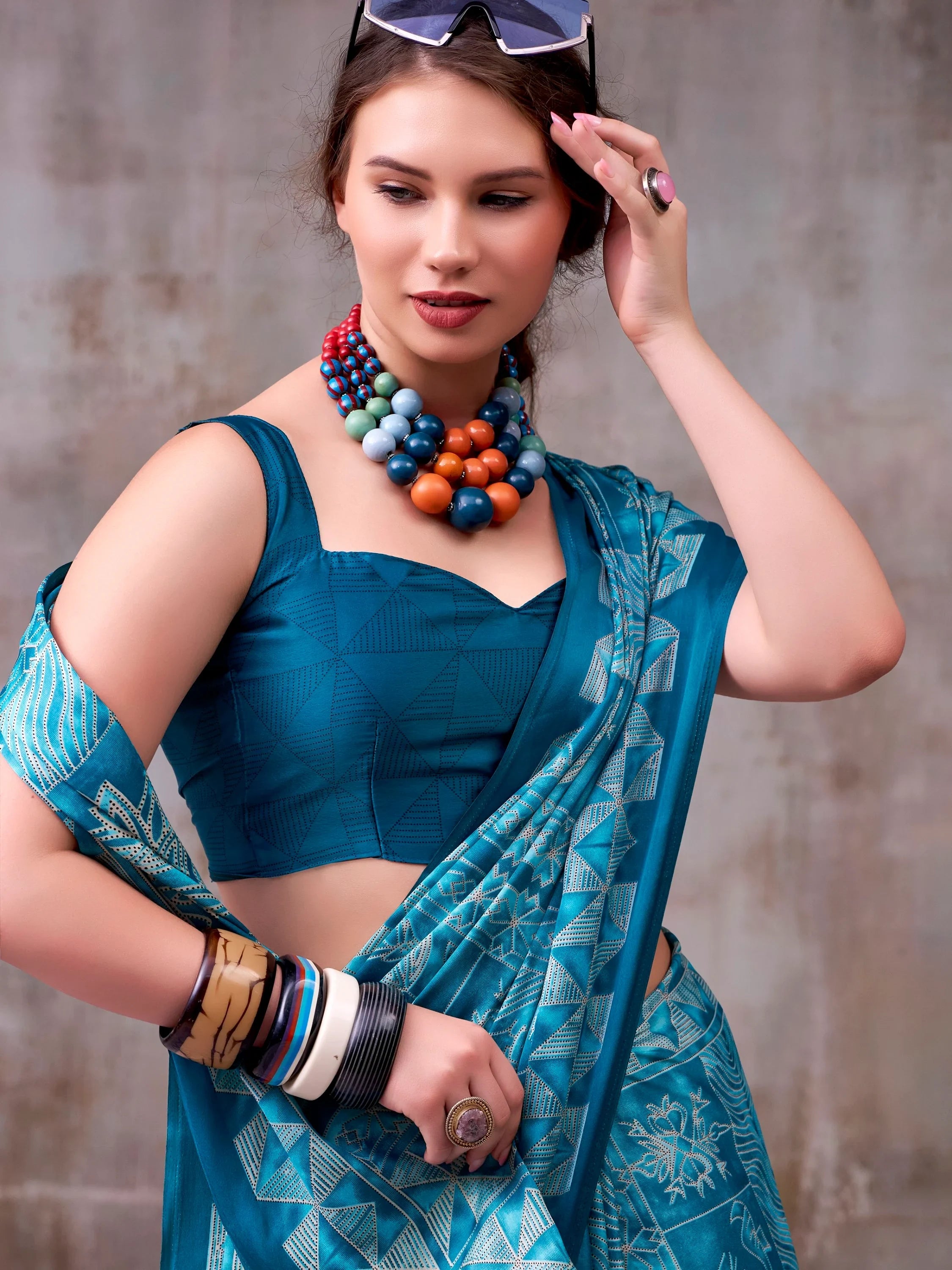 Teal Rich Printed Satin Festive Wear Saree With Blouse