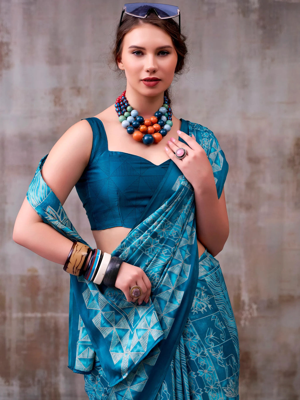 Teal Rich Printed Satin Festive Wear Saree With Blouse
