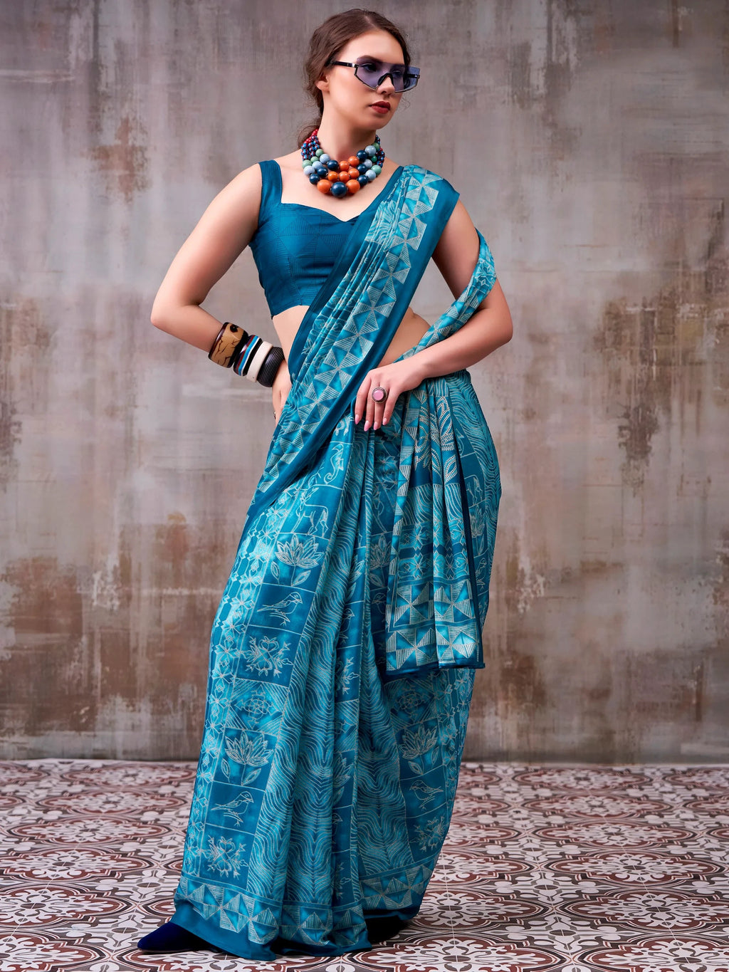 Teal Rich Printed Satin Festive Wear Saree With Blouse