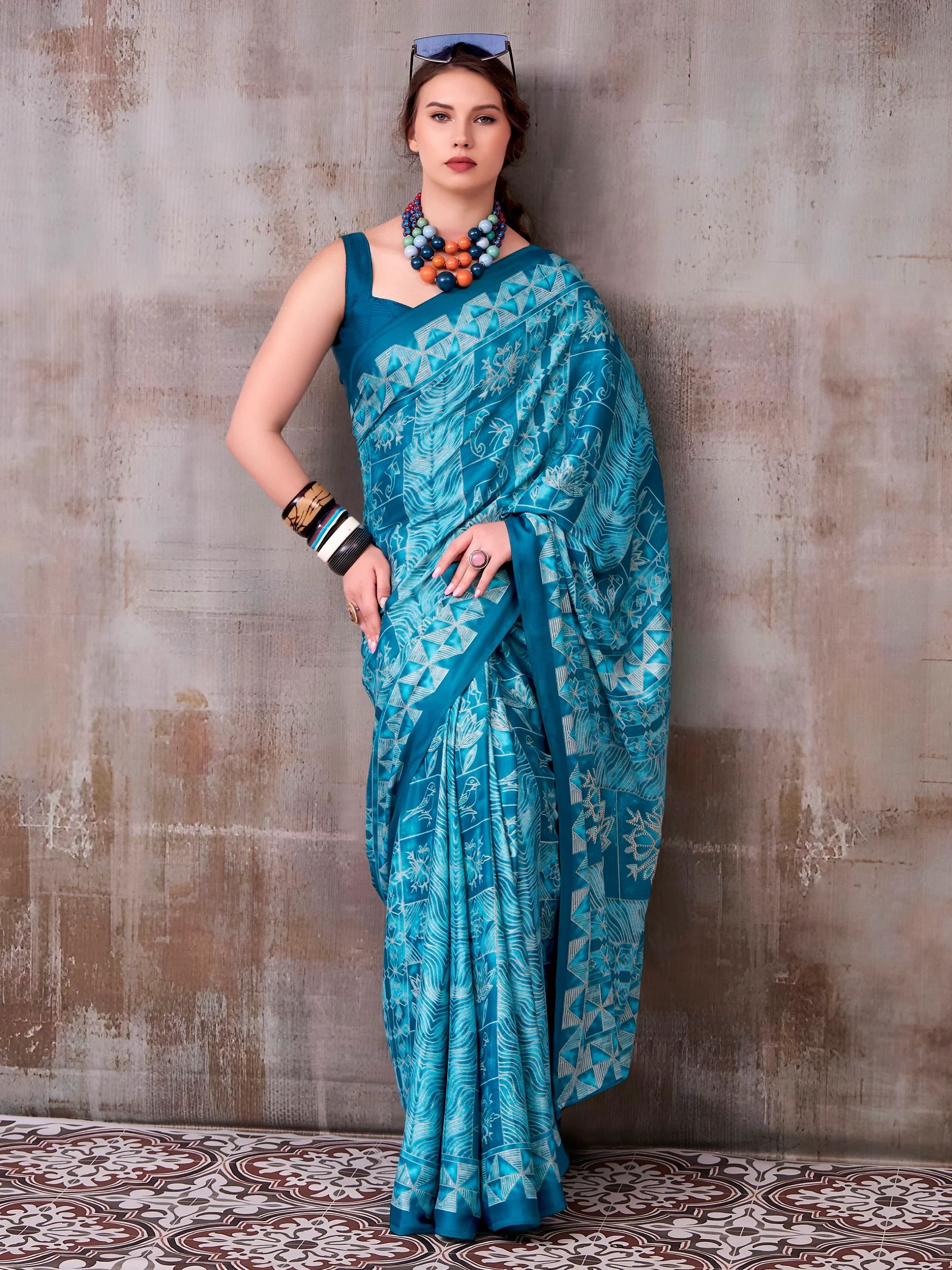 Teal Rich Printed Satin Festive Wear Saree With Blouse