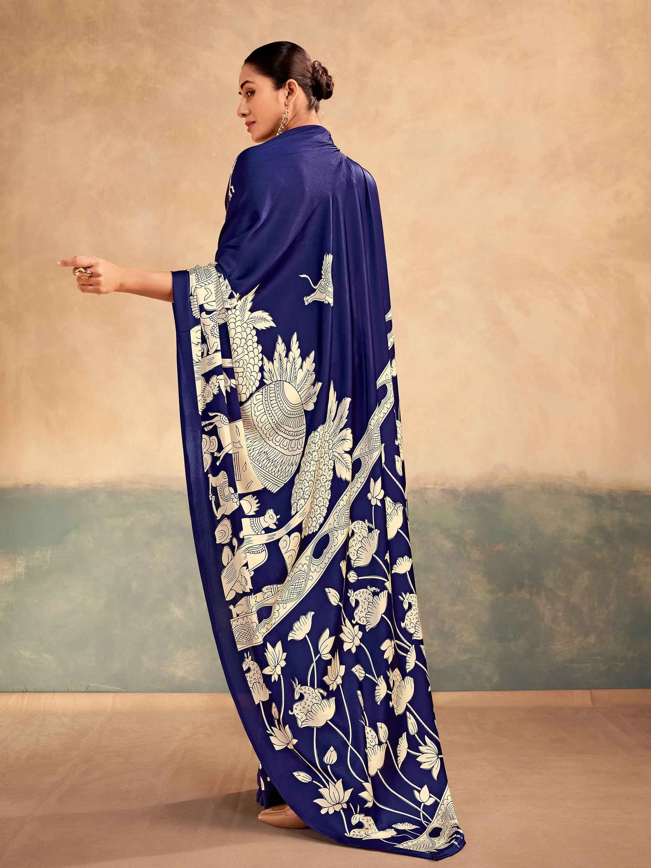 Navy Incredible Kalamkari Print Satin Marriage Wear Saree With Blouse