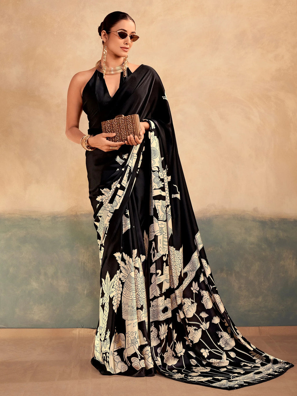 Marvelous Black Kalamkari Print Satin Festive Wear Saree With Blouse