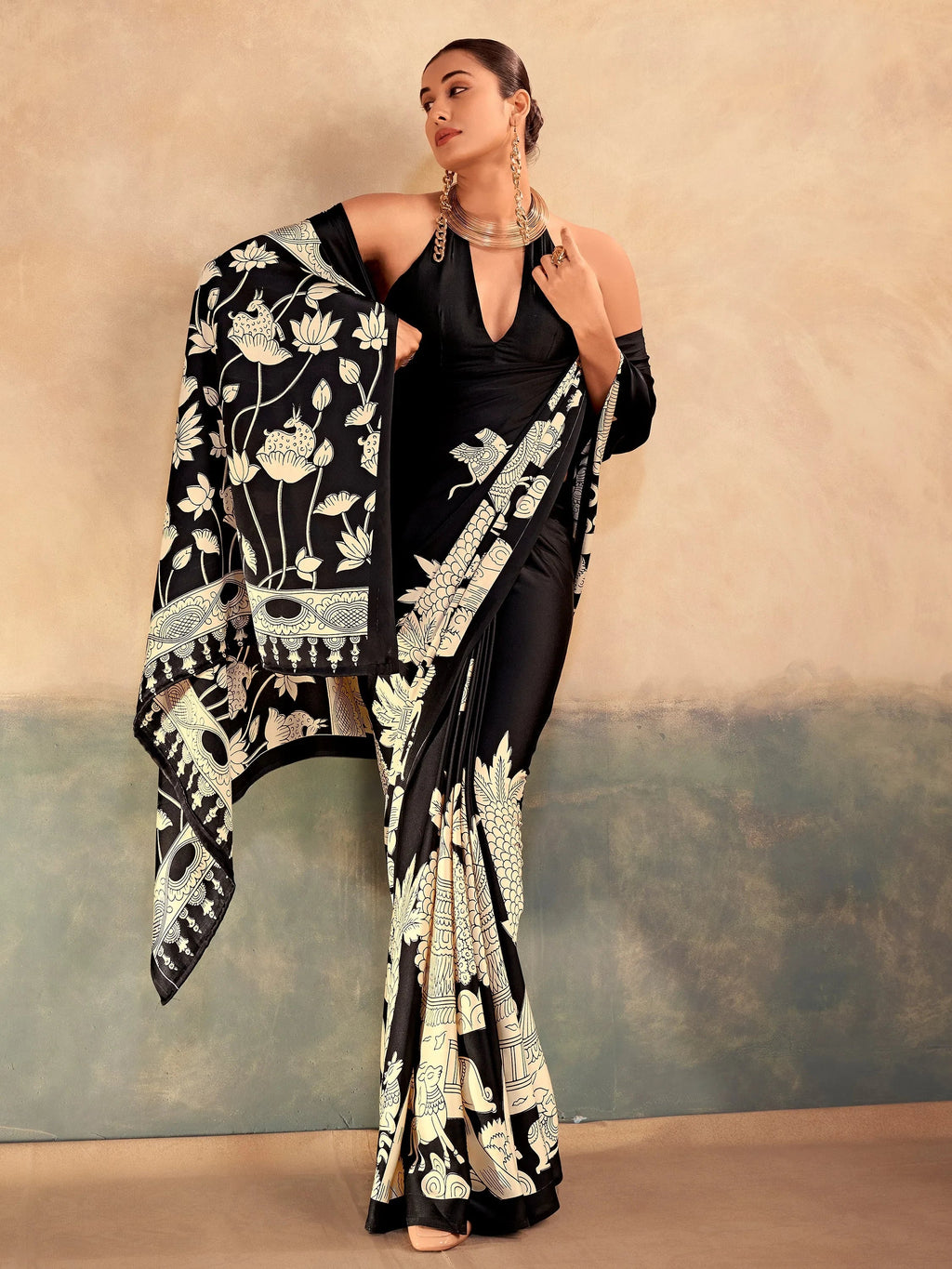 Marvelous Black Kalamkari Print Satin Festive Wear Saree With Blouse