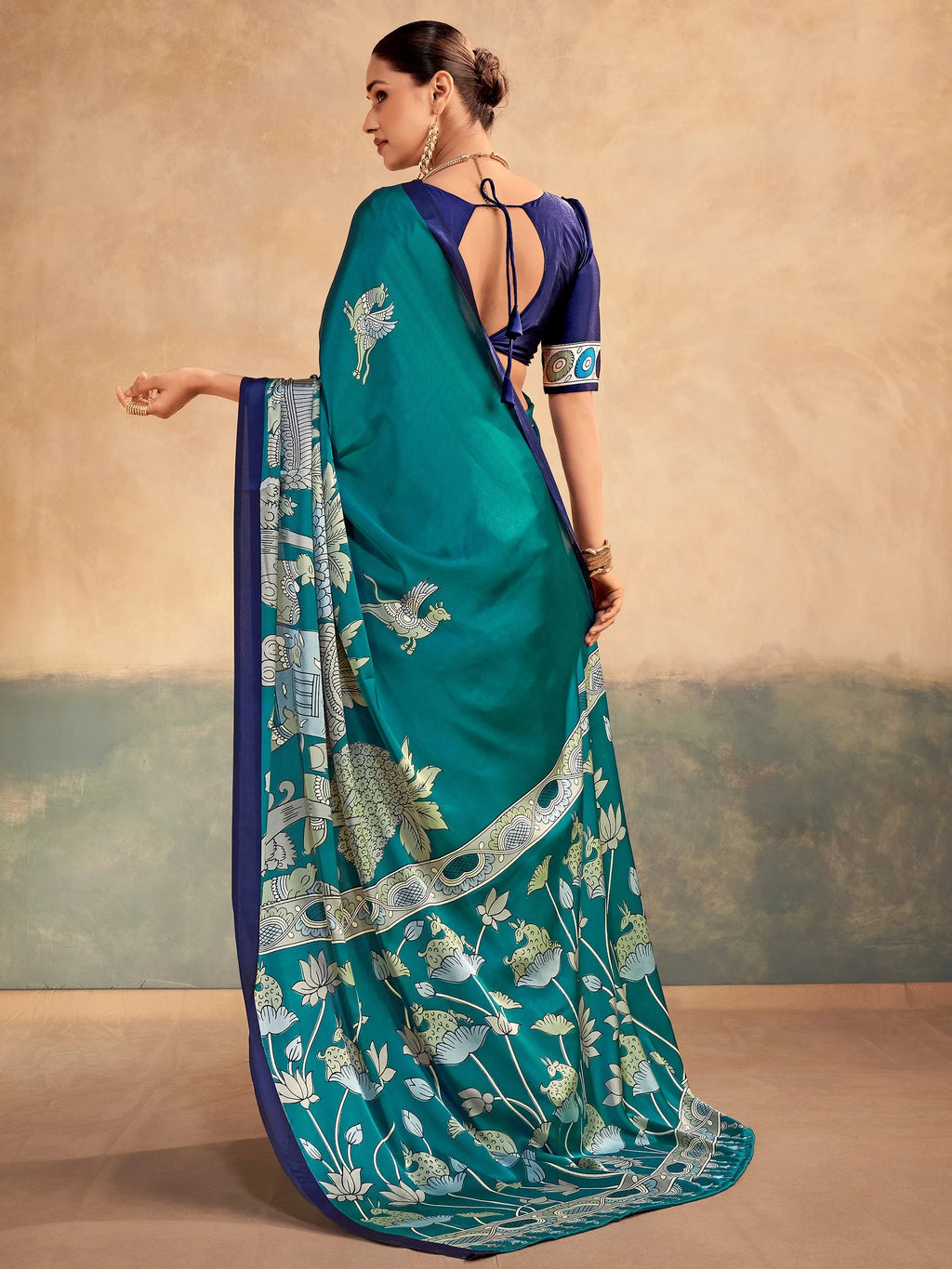Teal Incredible Kalamkari Print Satin Marriage Wear Saree With Blouse