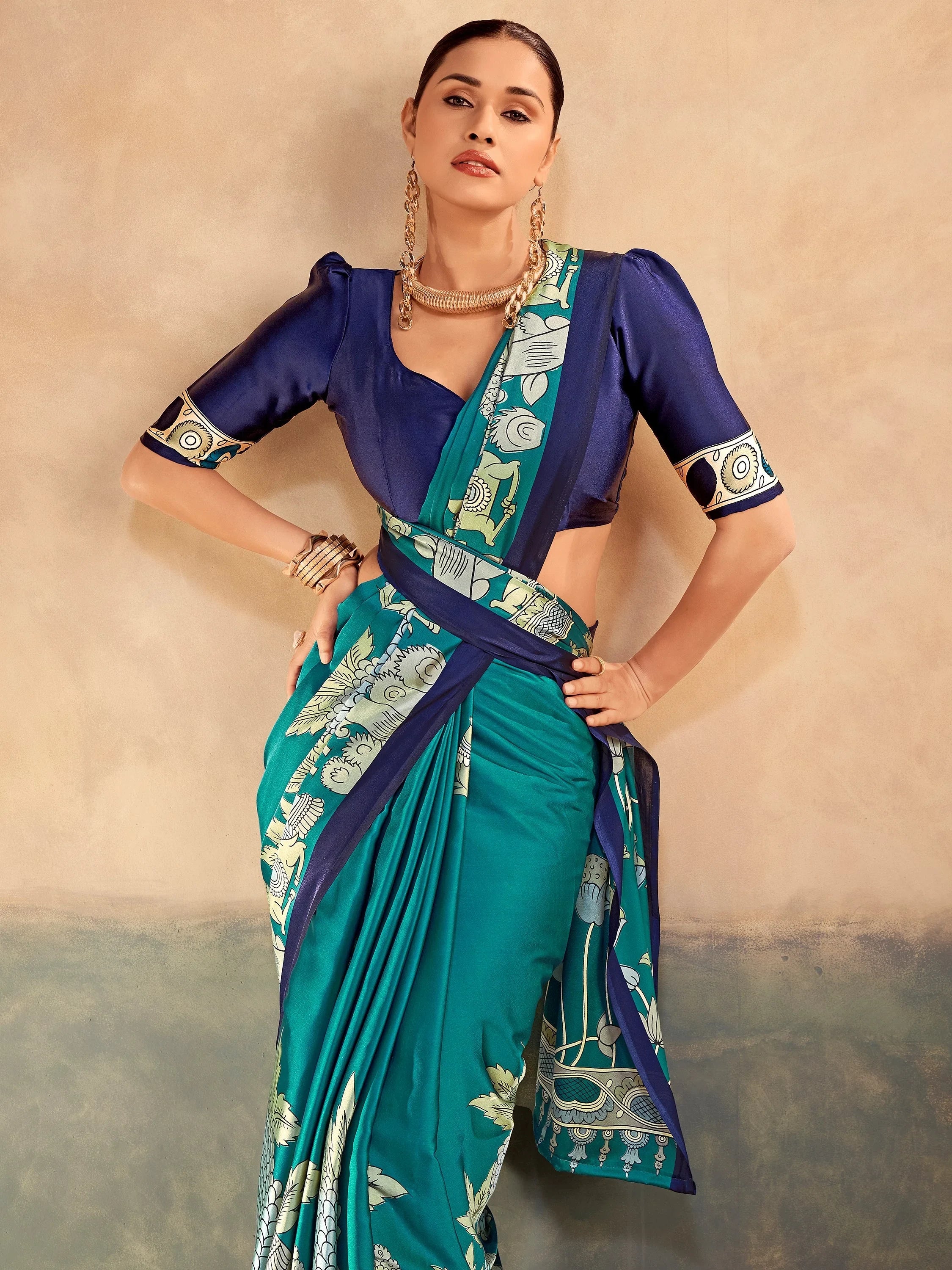 Teal Incredible Kalamkari Print Satin Marriage Wear Saree With Blouse