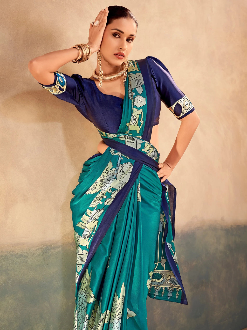 Teal Incredible Kalamkari Print Satin Marriage Wear Saree With Blouse