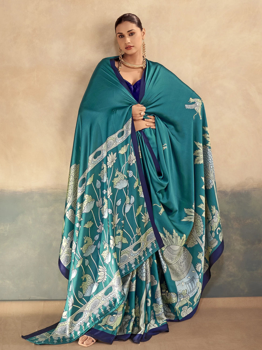 Teal Incredible Kalamkari Print Satin Marriage Wear Saree With Blouse