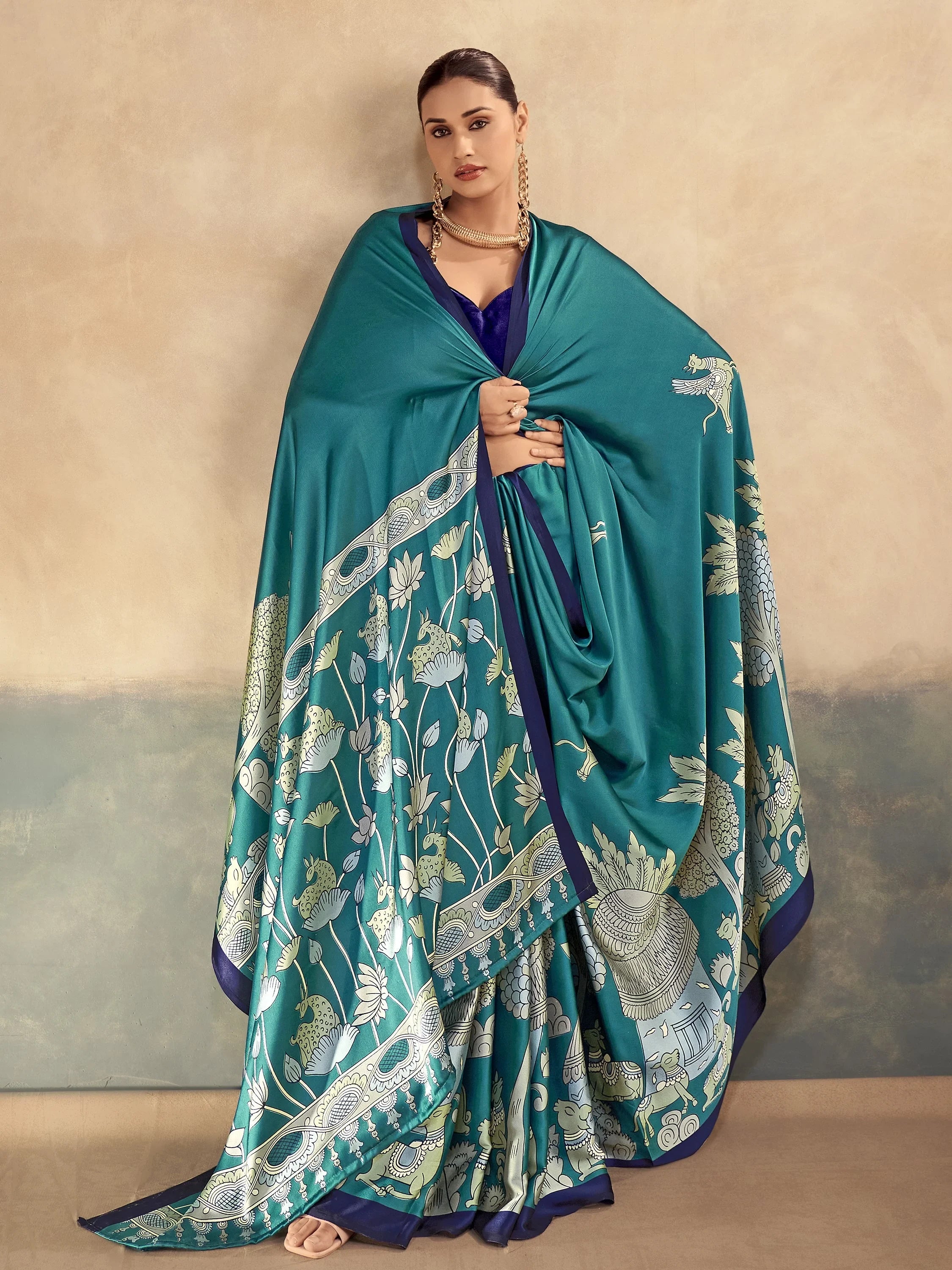 Teal Incredible Kalamkari Print Satin Marriage Wear Saree With Blouse