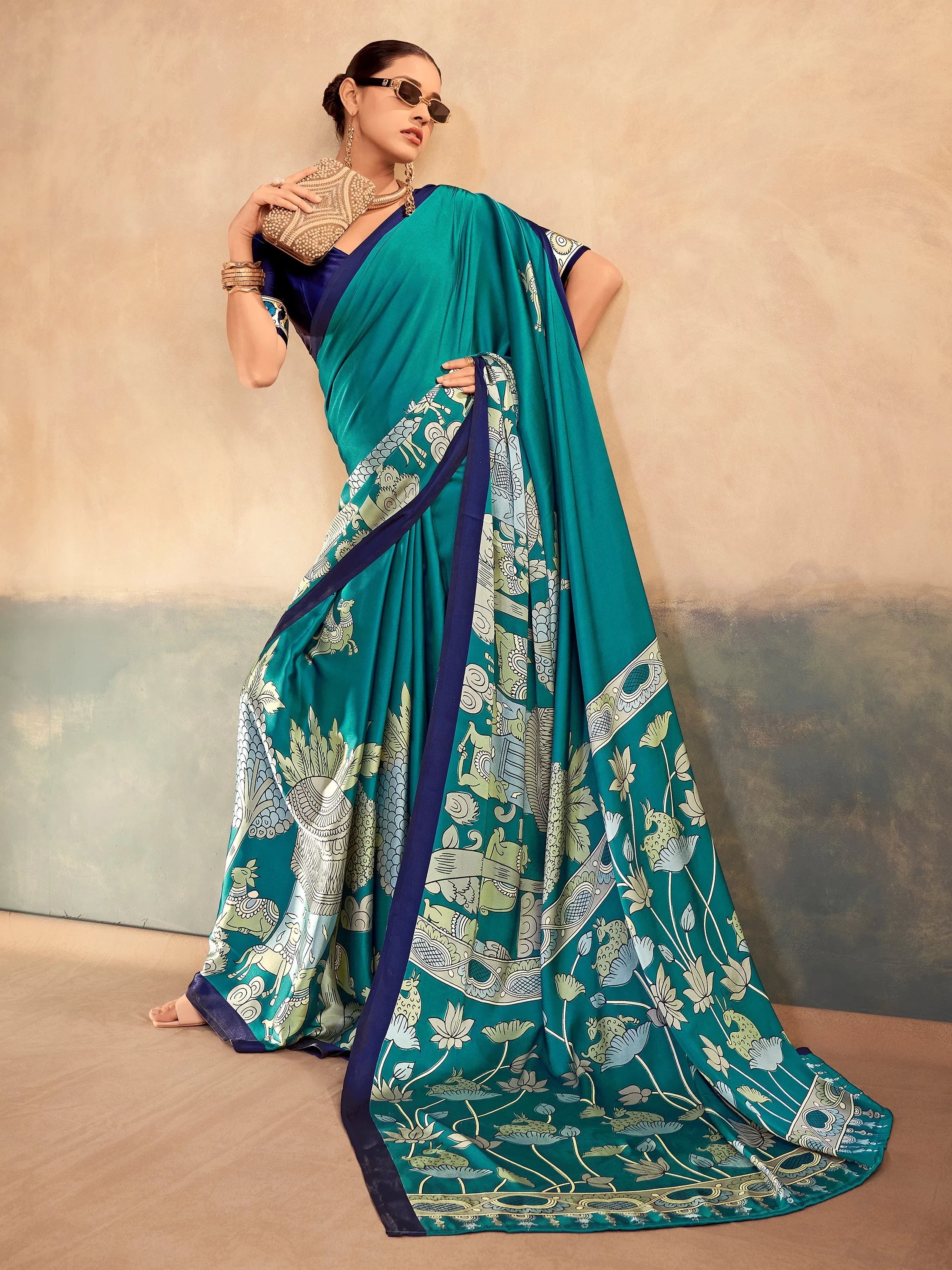 Teal Incredible Kalamkari Print Satin Marriage Wear Saree With Blouse