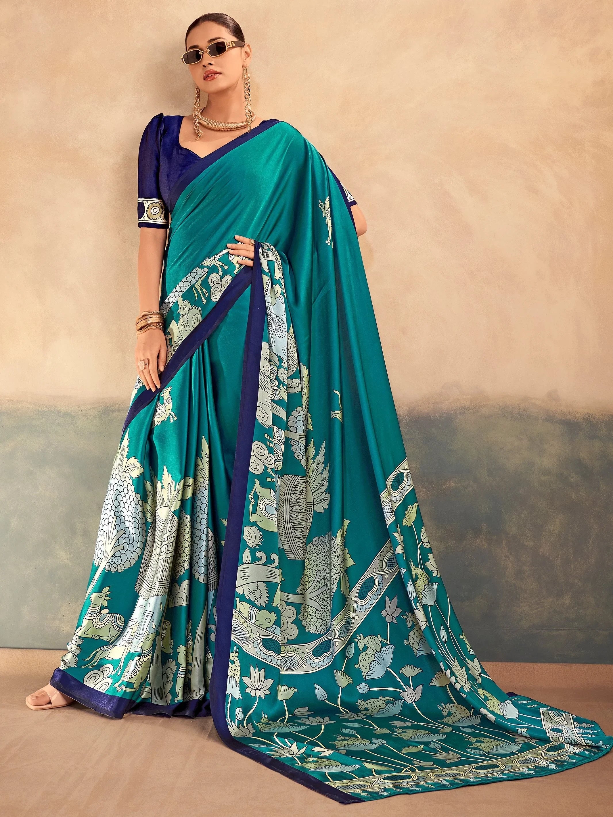 Teal Incredible Kalamkari Print Satin Marriage Wear Saree With Blouse