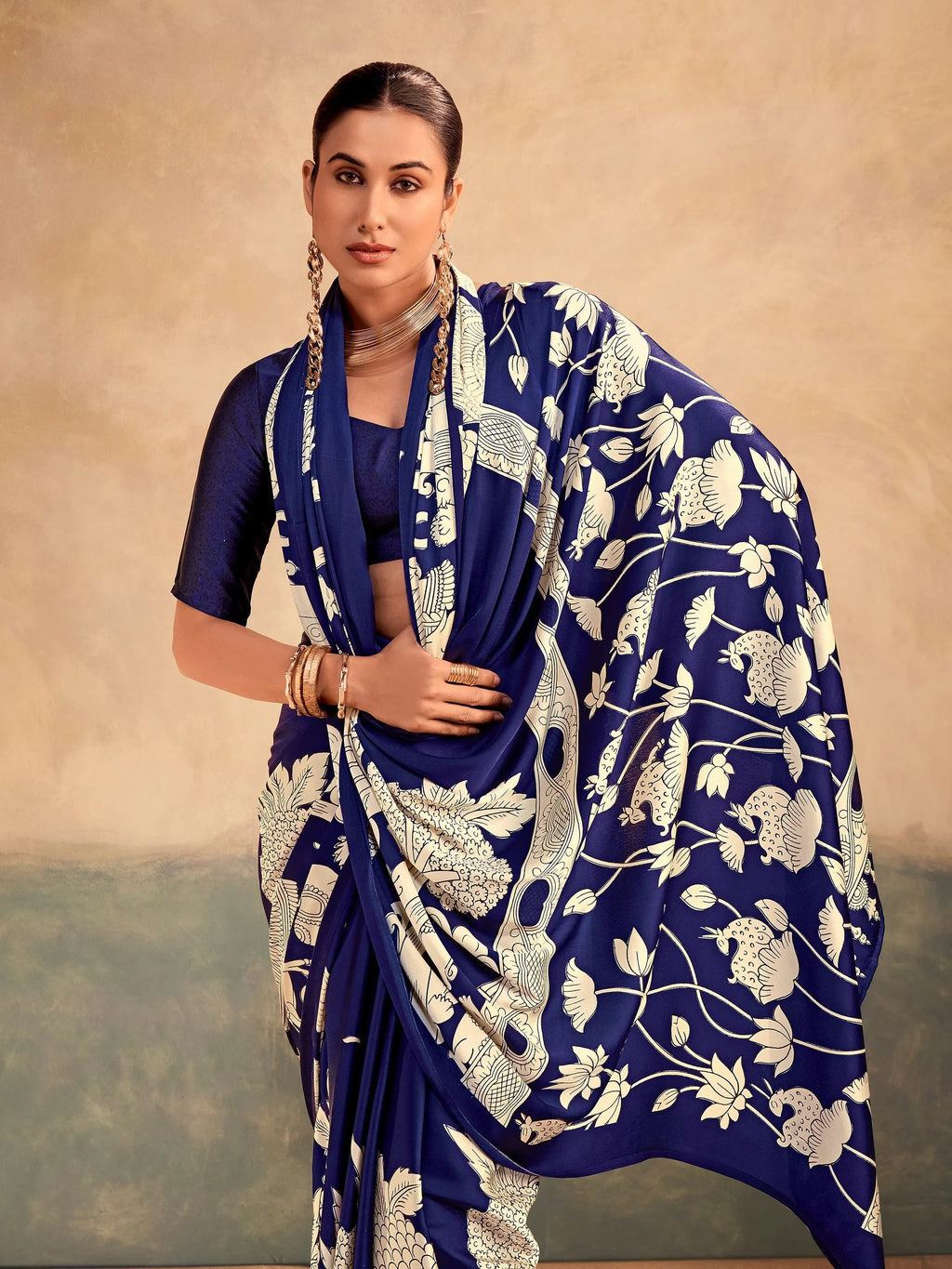 Navy Incredible Kalamkari Print Satin Marriage Wear Saree With Blouse