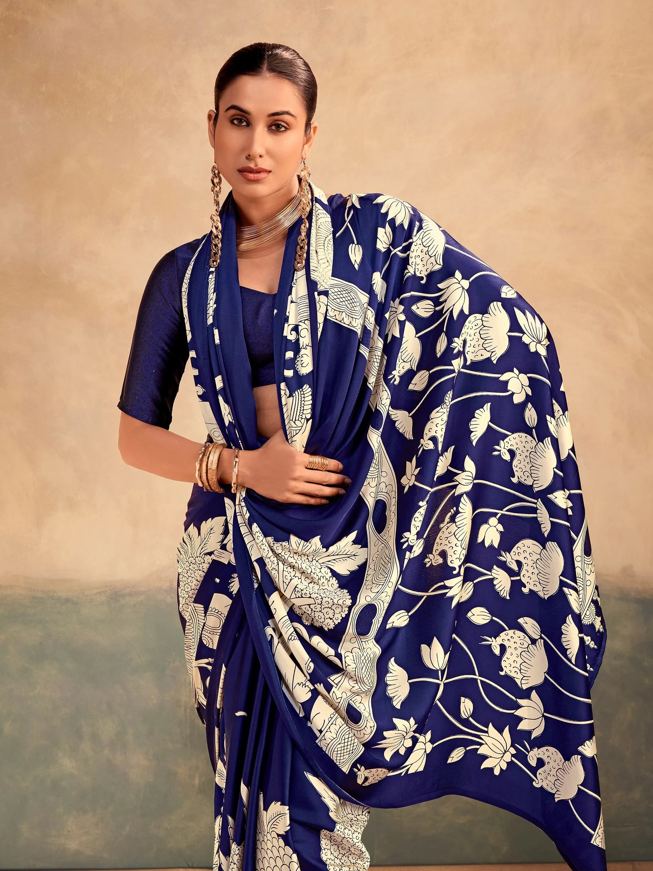 Navy Incredible Kalamkari Print Satin Marriage Wear Saree With Blouse