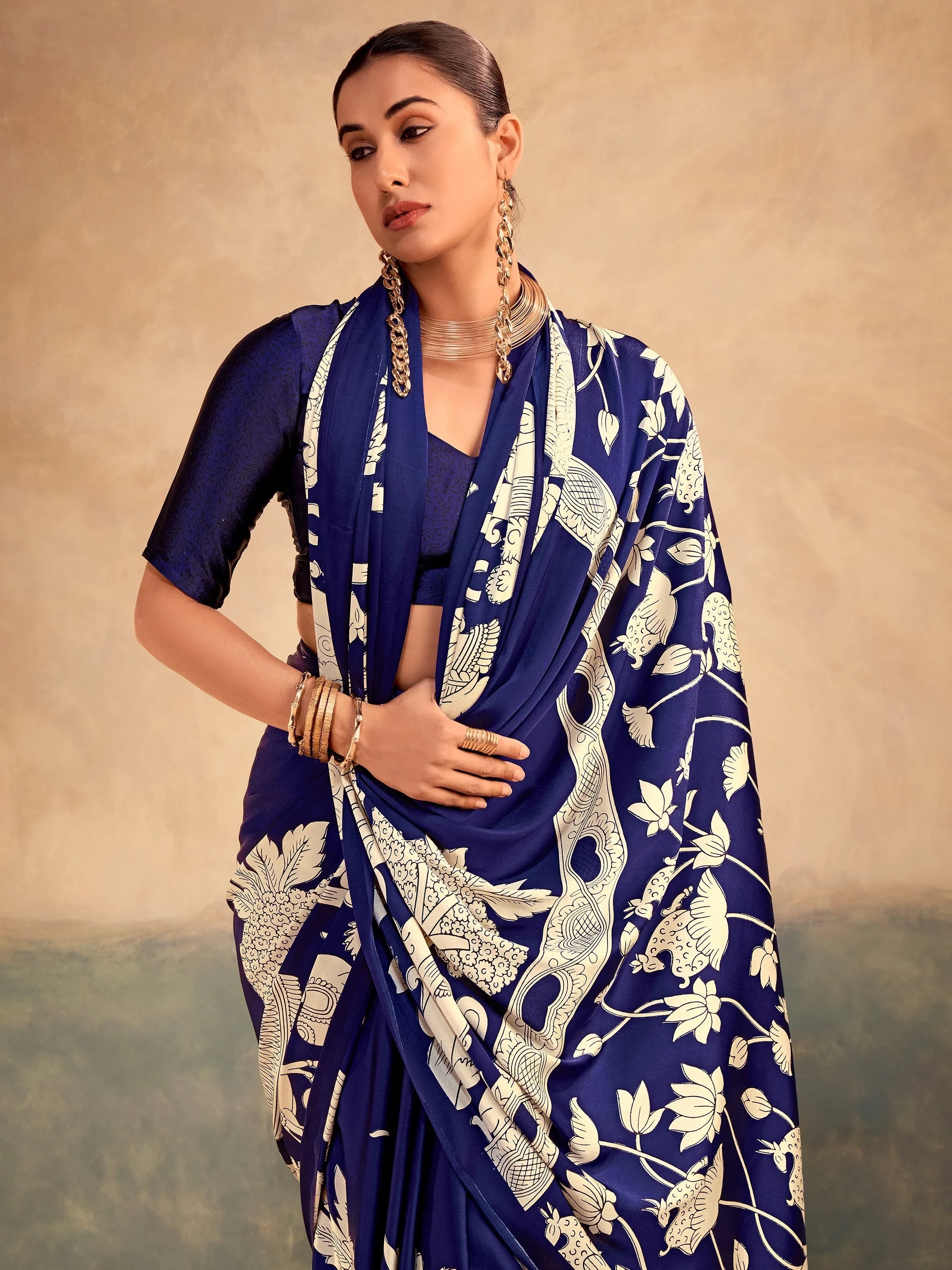 Navy Incredible Kalamkari Print Satin Marriage Wear Saree With Blouse