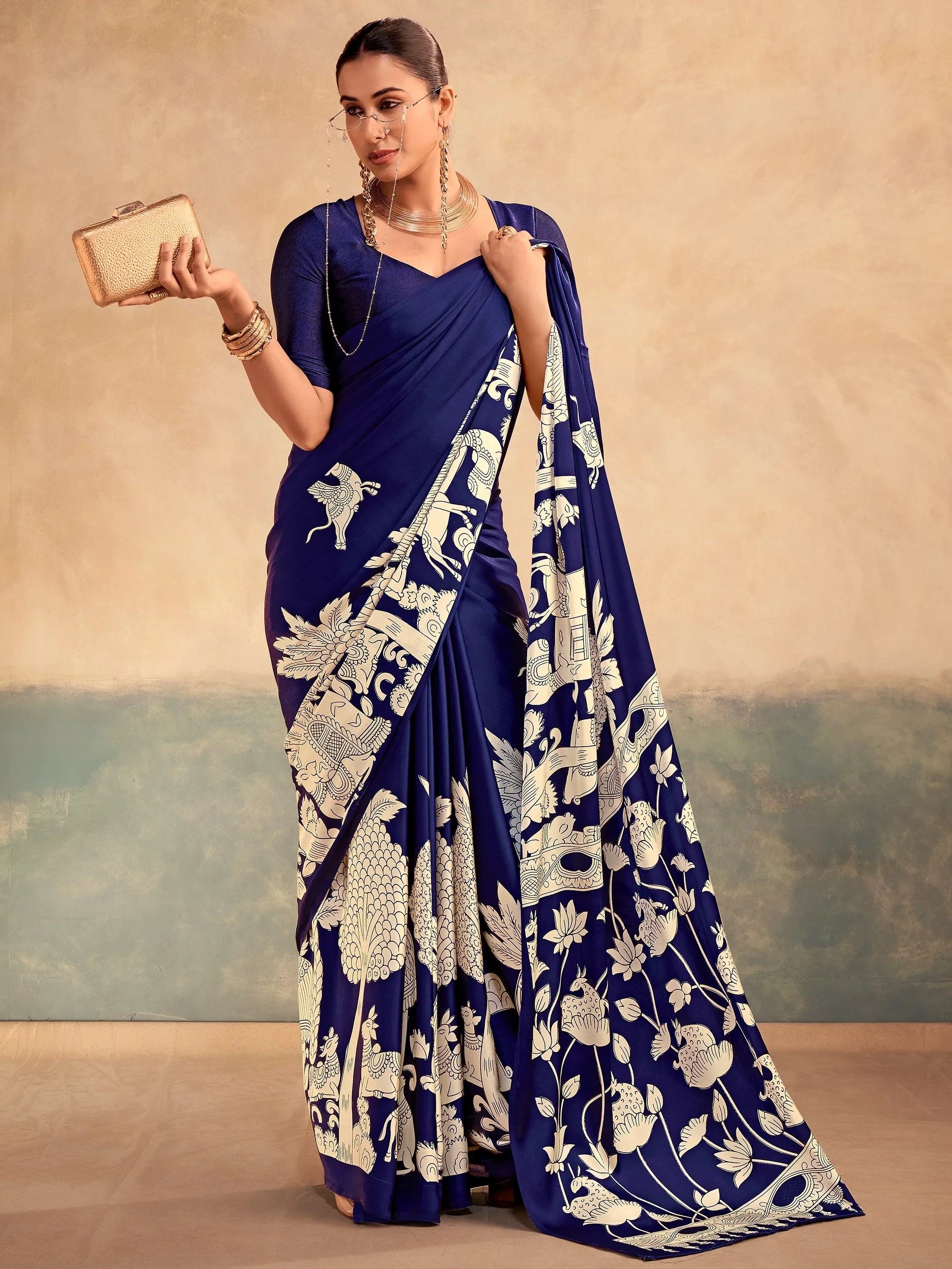 Navy Incredible Kalamkari Print Satin Marriage Wear Saree With Blouse
