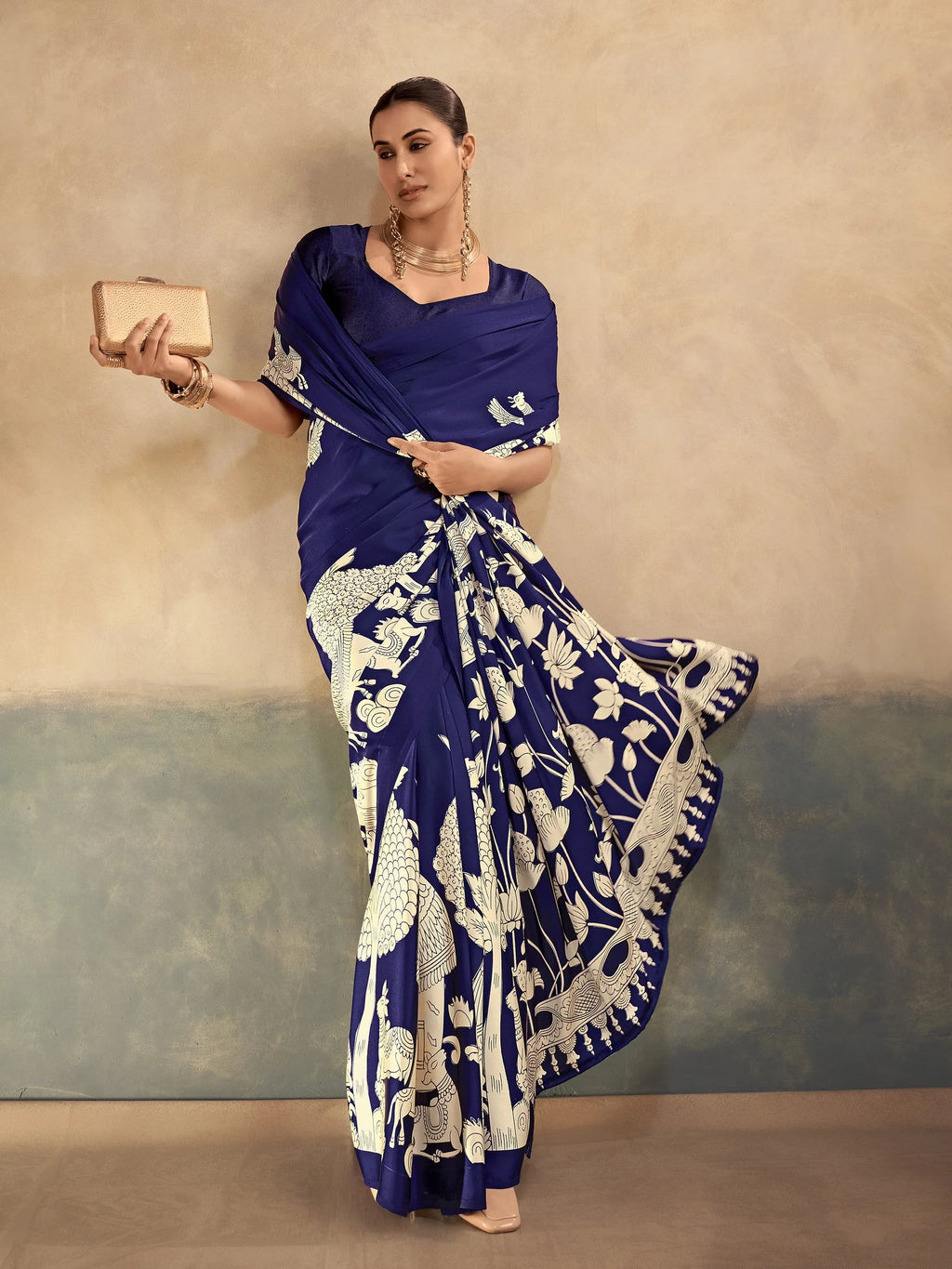 Navy Incredible Kalamkari Print Satin Marriage Wear Saree With Blouse