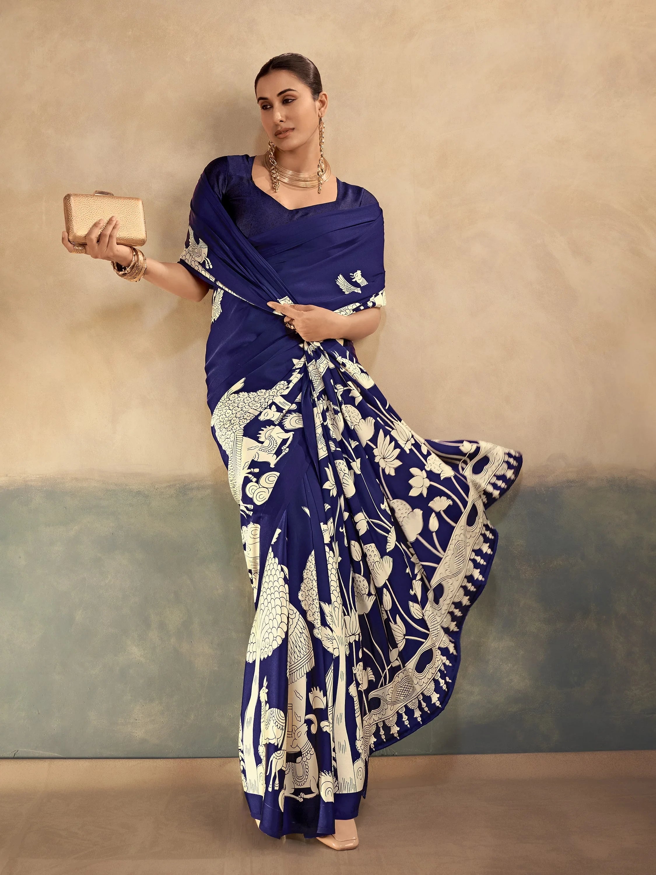 Navy Incredible Kalamkari Print Satin Marriage Wear Saree With Blouse