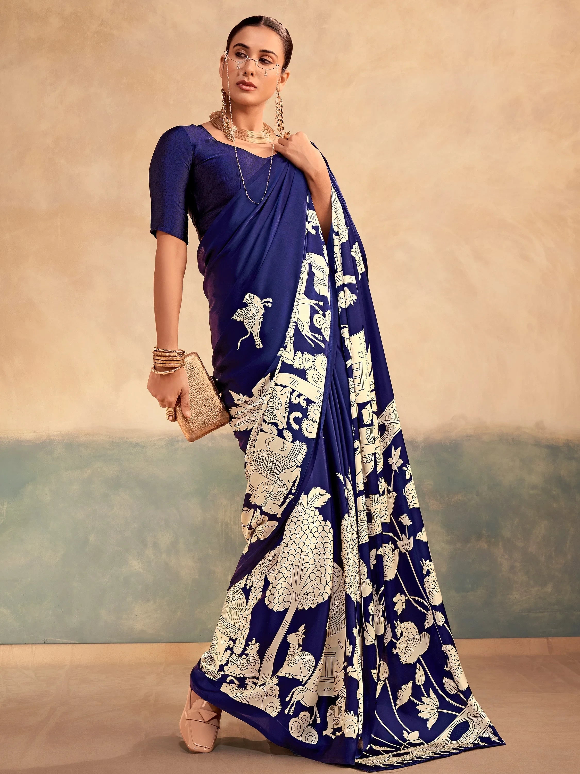 Navy Incredible Kalamkari Print Satin Marriage Wear Saree With Blouse