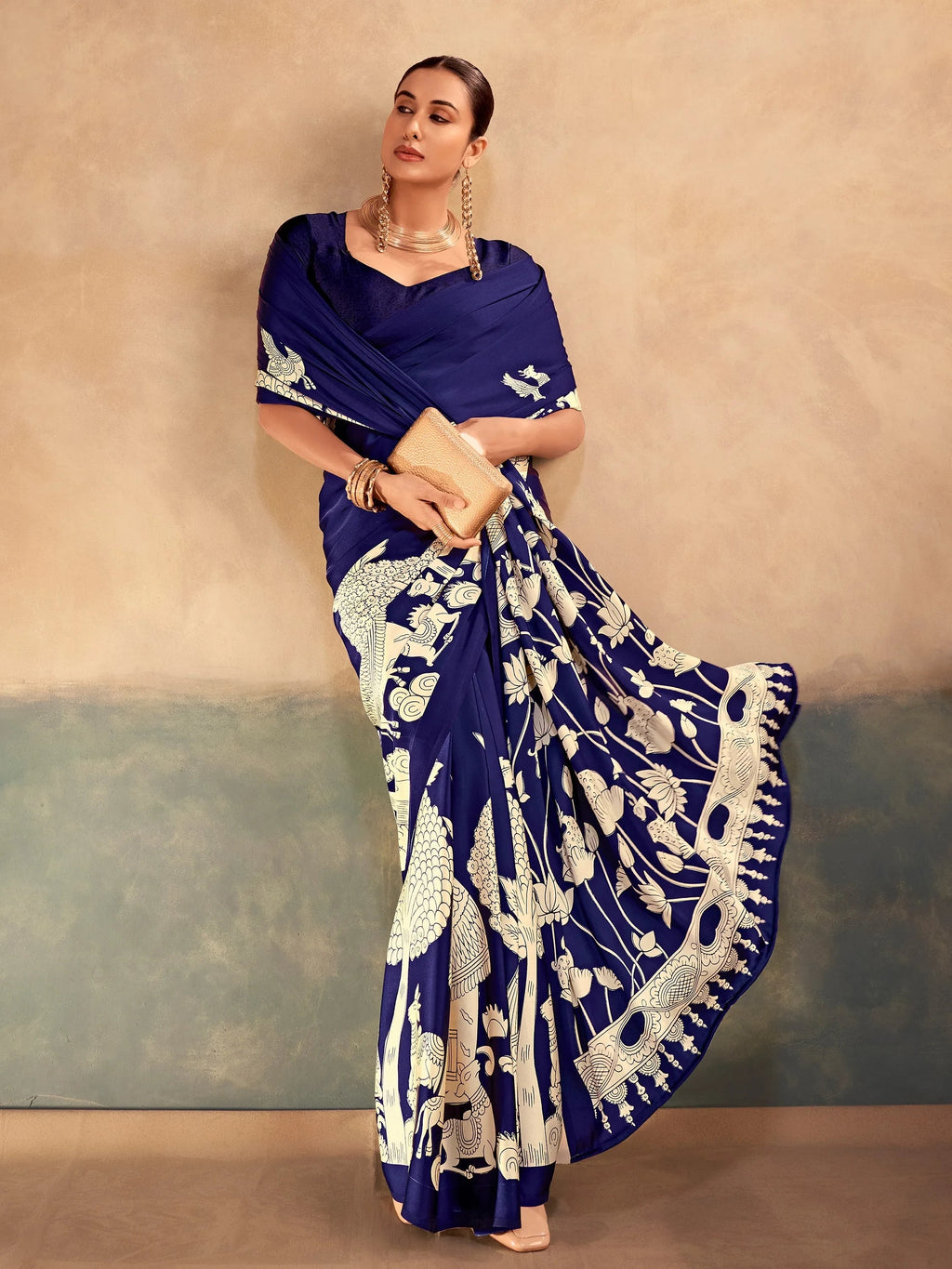 Navy Incredible Kalamkari Print Satin Marriage Wear Saree With Blouse