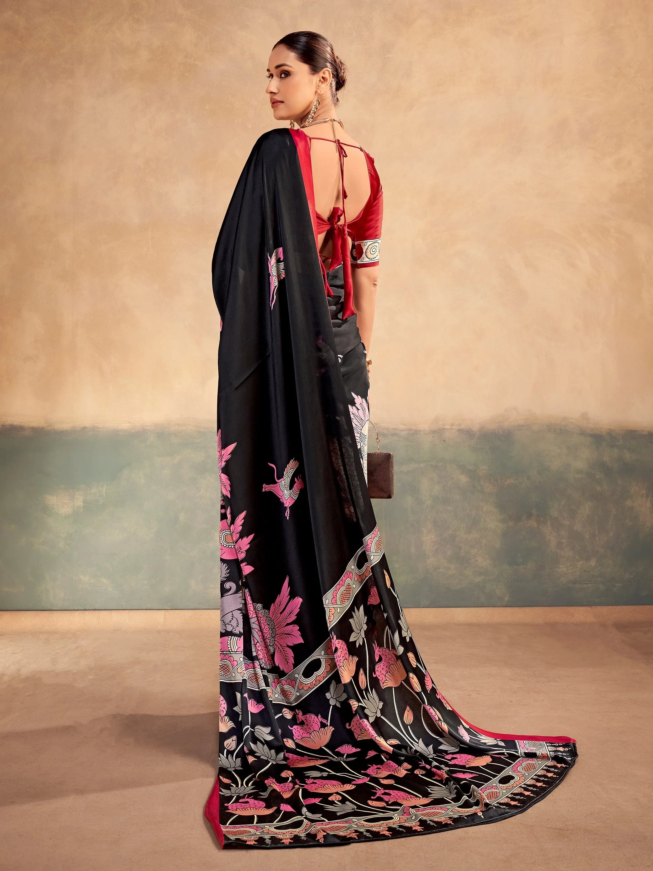 Black Incredible Kalamkari Print Satin Marriage Wear Saree With Blouse