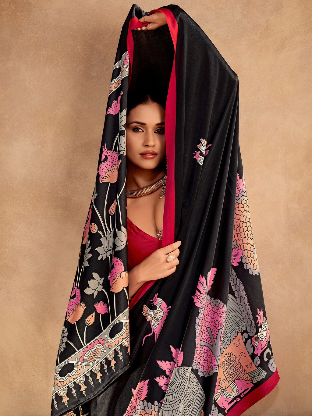 Black Incredible Kalamkari Print Satin Marriage Wear Saree With Blouse