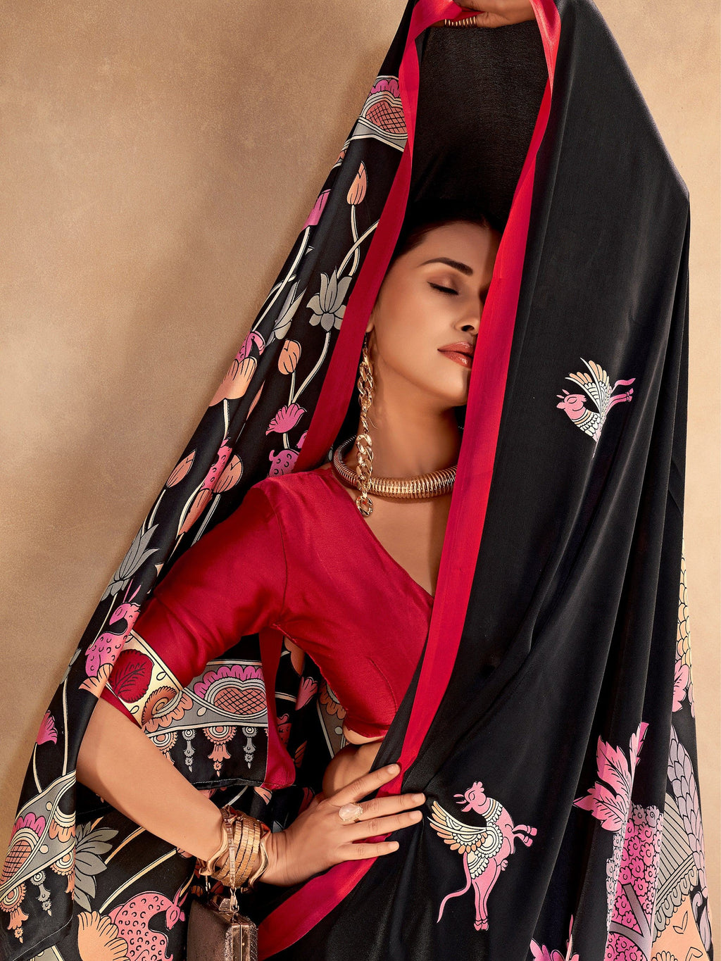 Black Incredible Kalamkari Print Satin Marriage Wear Saree With Blouse