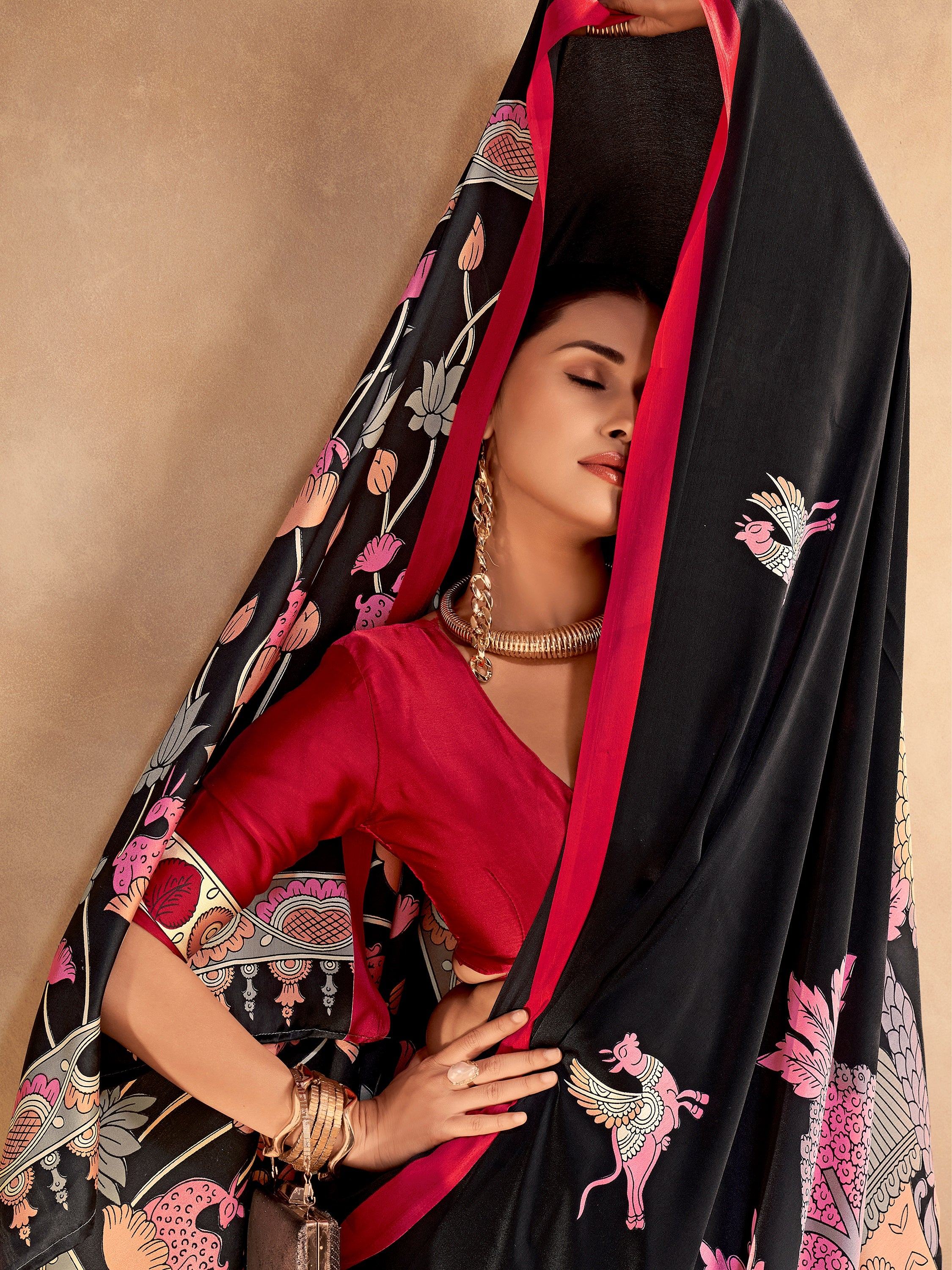 Black Incredible Kalamkari Print Satin Marriage Wear Saree With Blouse