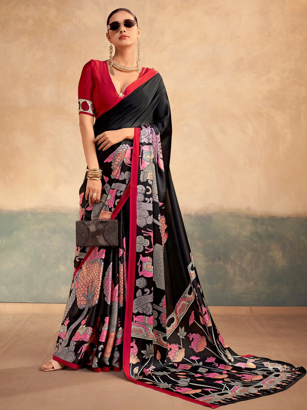 Black Incredible Kalamkari Print Satin Marriage Wear Saree With Blouse