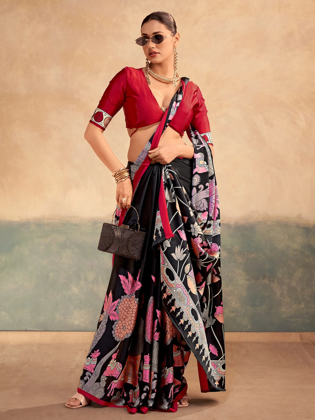 Black Incredible Kalamkari Print Satin Marriage Wear Saree With Blouse