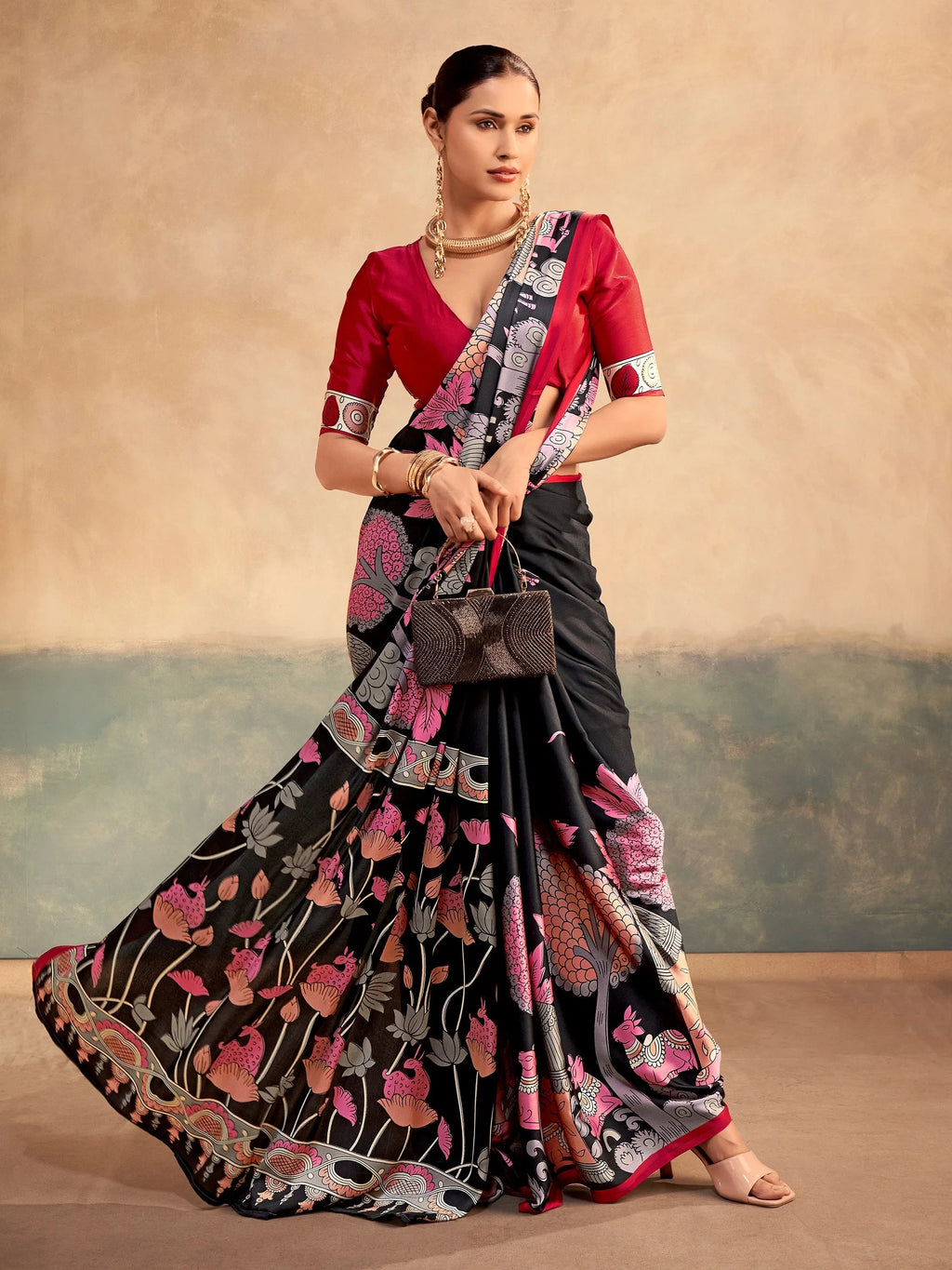 Black Incredible Kalamkari Print Satin Marriage Wear Saree With Blouse