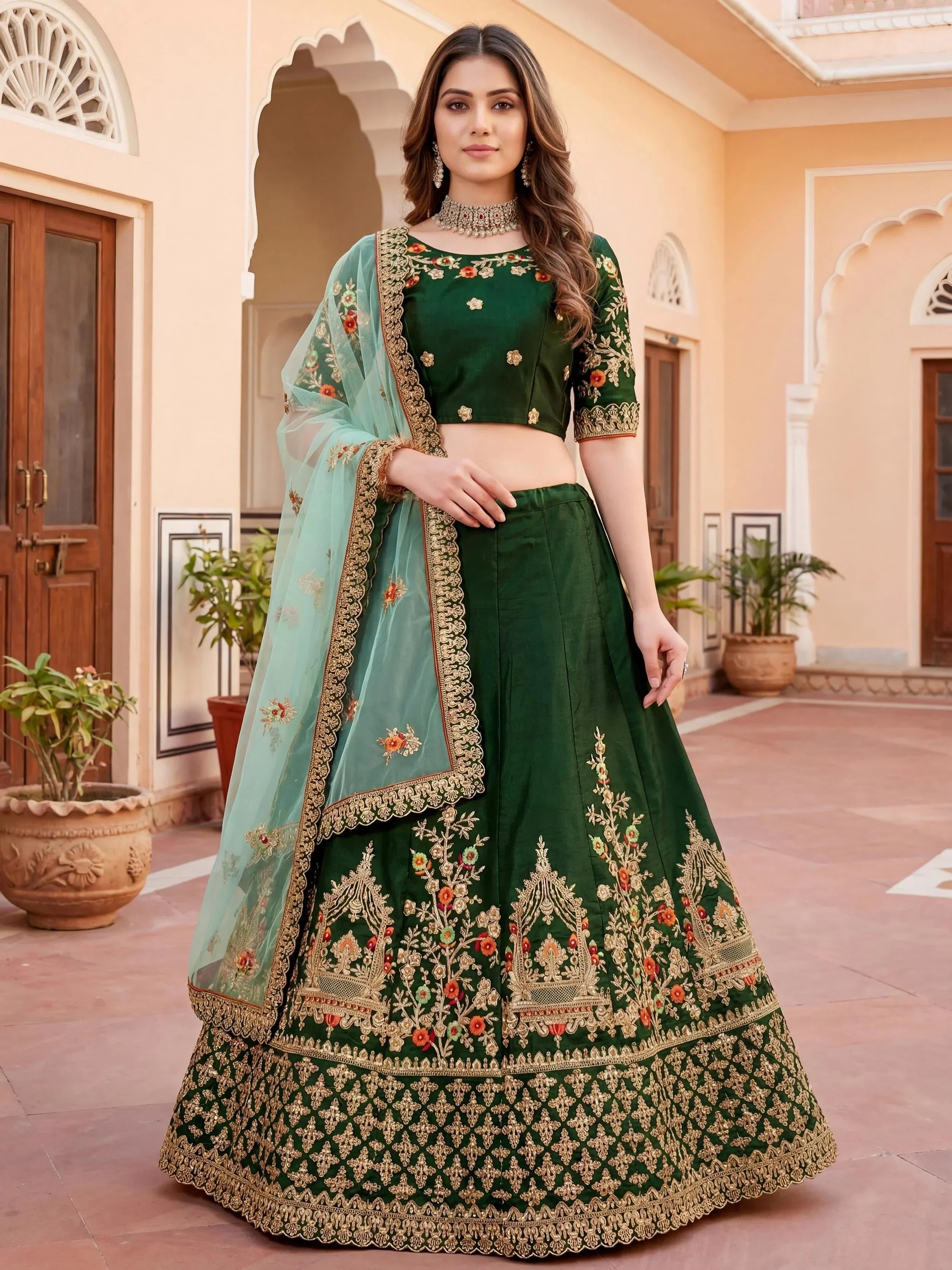 Green Bottle Embroidered Silk Bridal Lehenga Choli