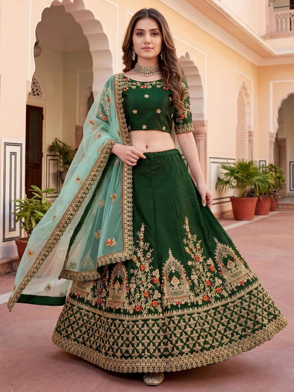 Green Bottle Embroidered Silk Bridal Lehenga Choli