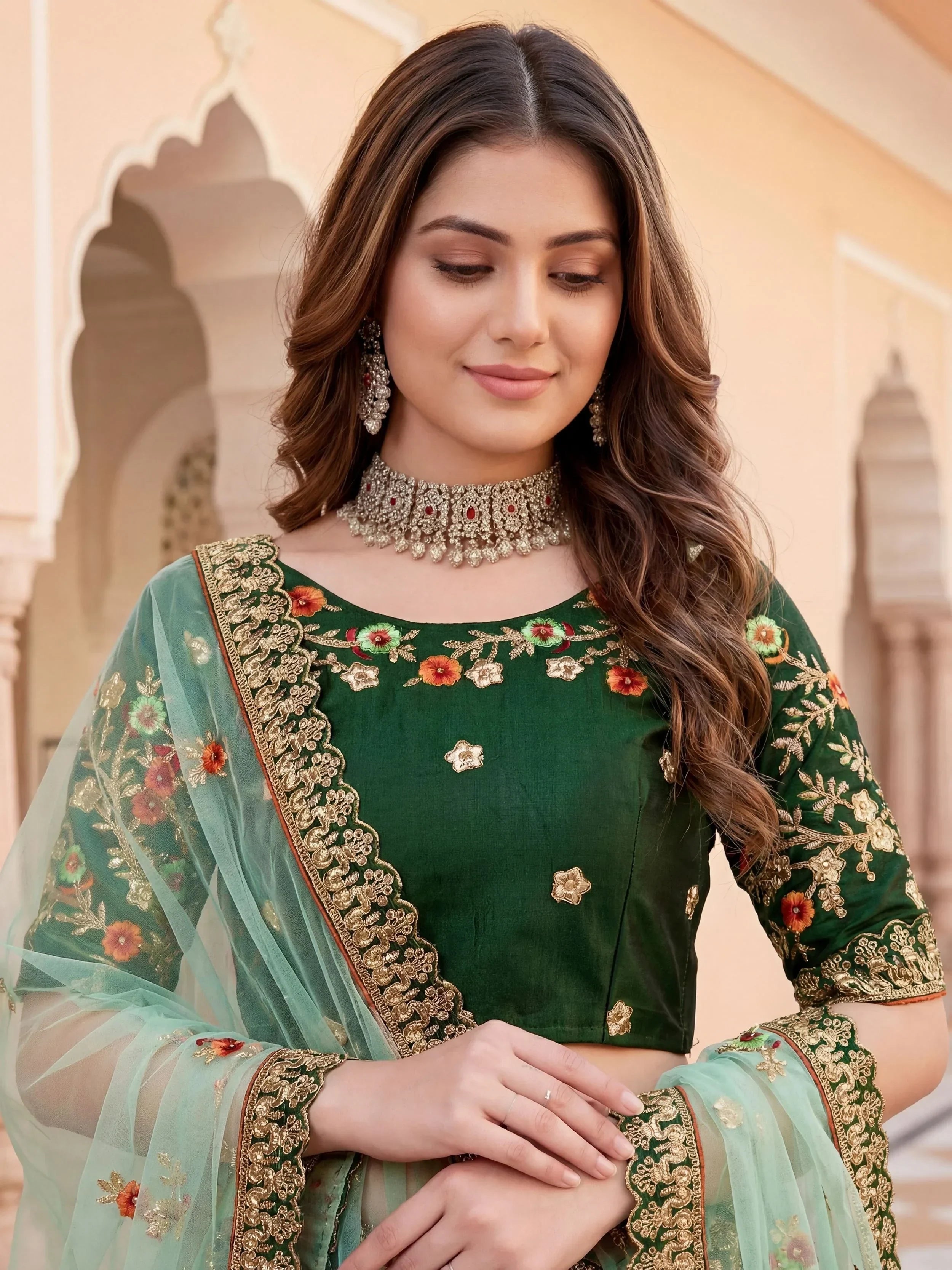 Green Bottle Embroidered Silk Bridal Lehenga Choli