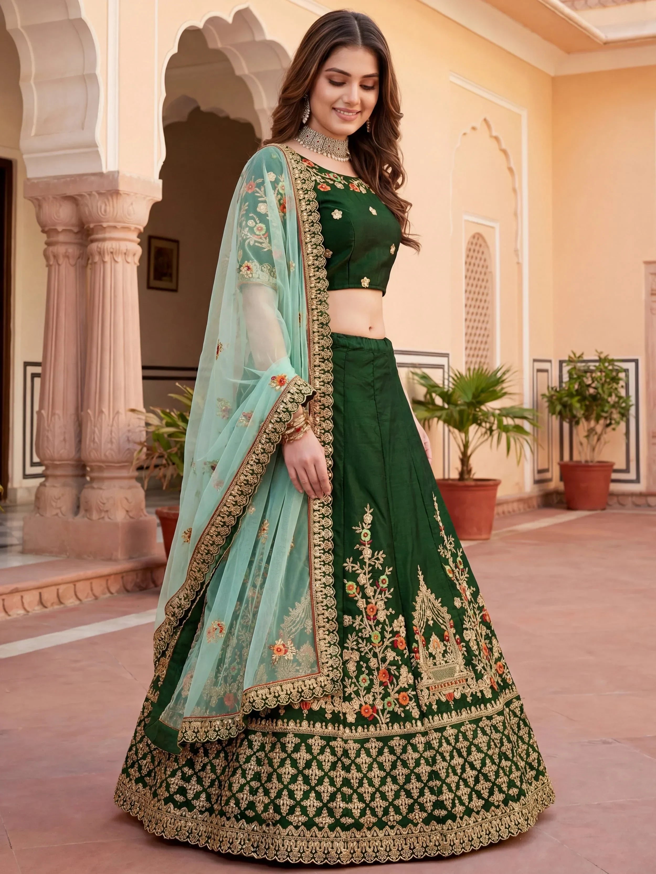 Green Bottle Embroidered Silk Bridal Lehenga Choli