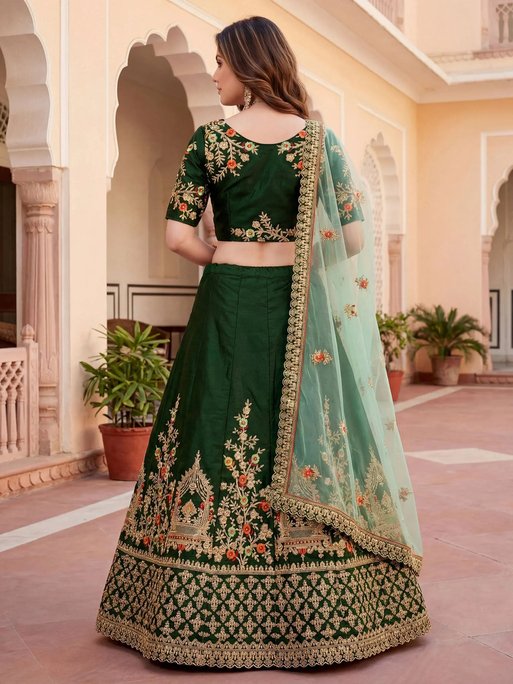 Green Bottle Embroidered Silk Bridal Lehenga Choli