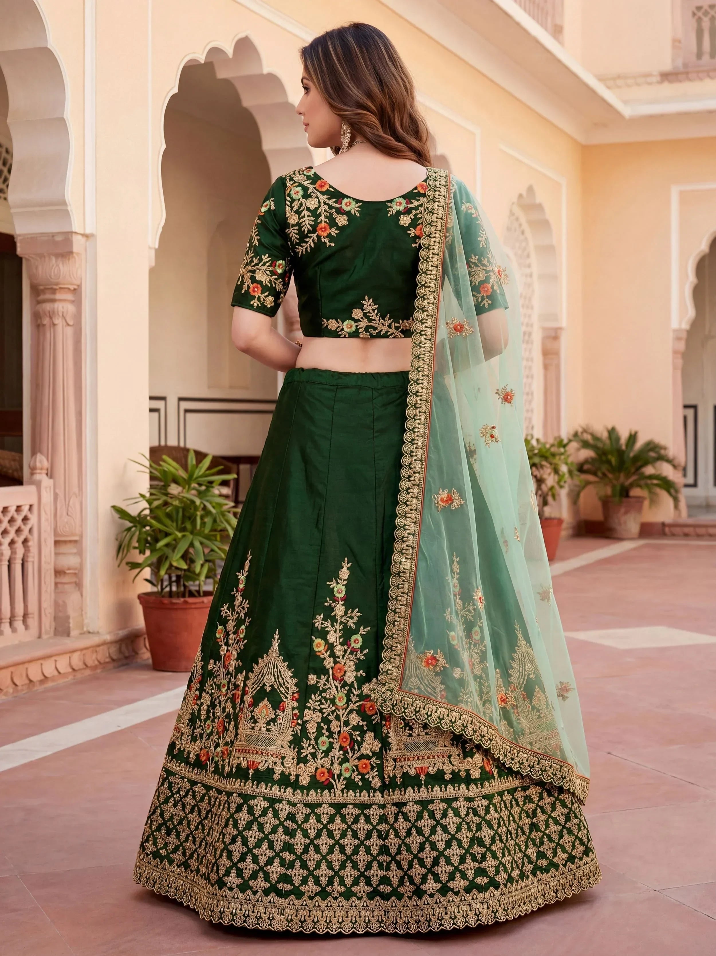 Green Bottle Embroidered Silk Bridal Lehenga Choli