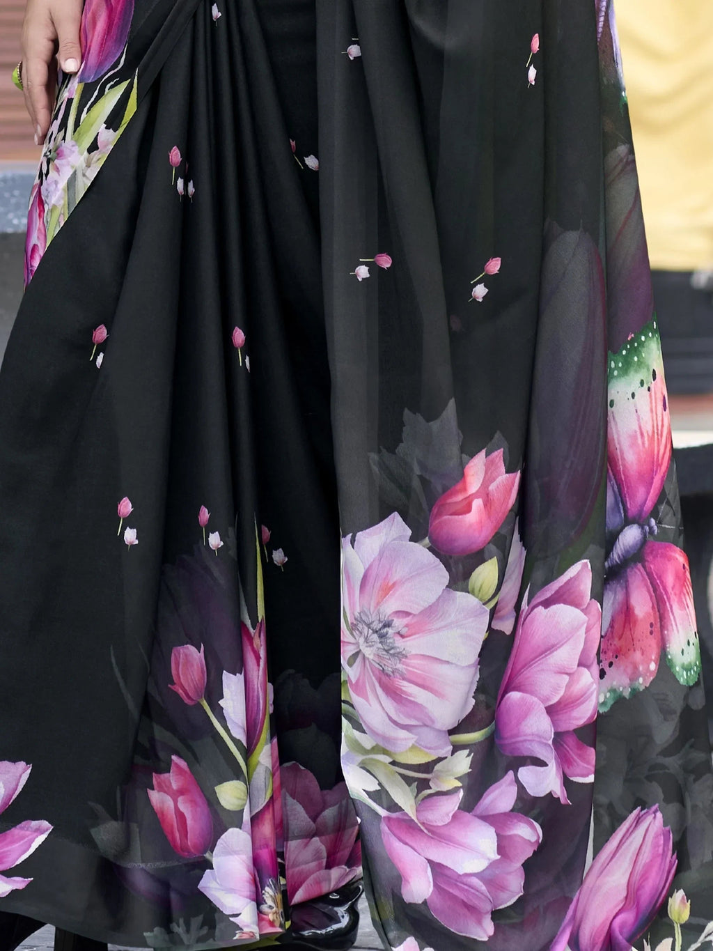 Beautiful Black Floral Printed Georgette Event Wear Saree With Blouse
