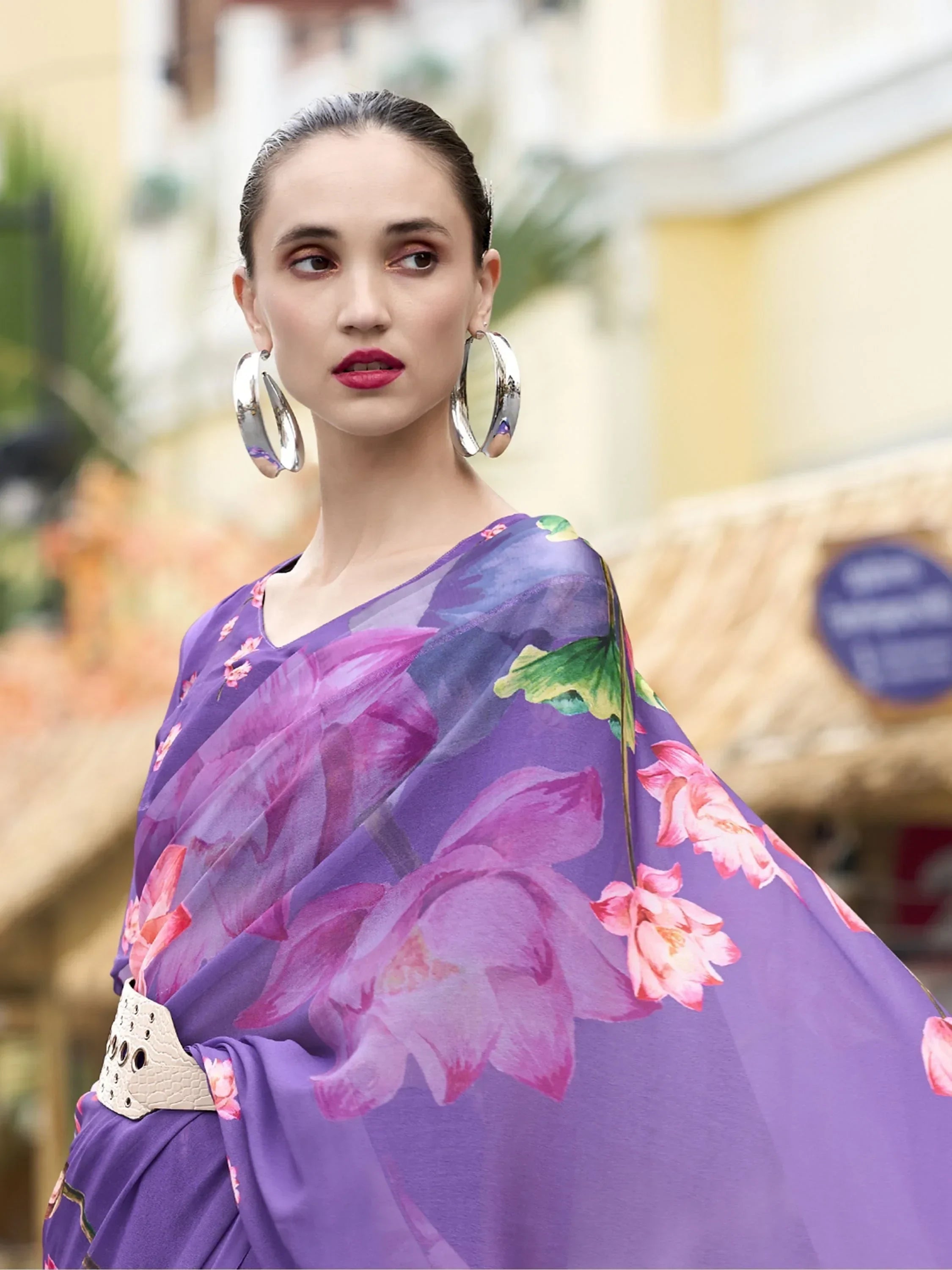 Precious Purple Printed Georgette Festival Wear Saree With Blouse