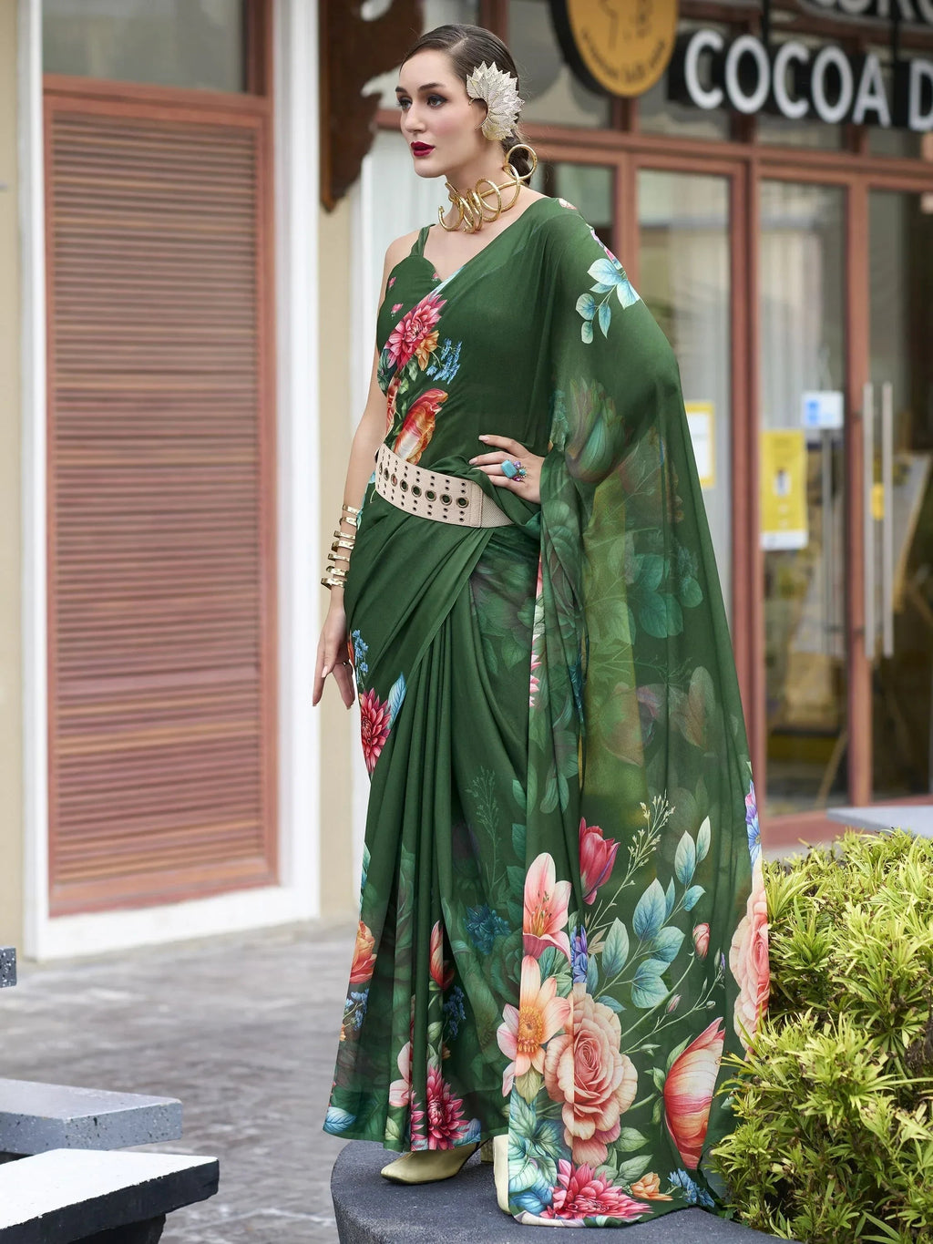 Winsome Green Floral Printed Georgette Mehendi Wear Saree With Blouse